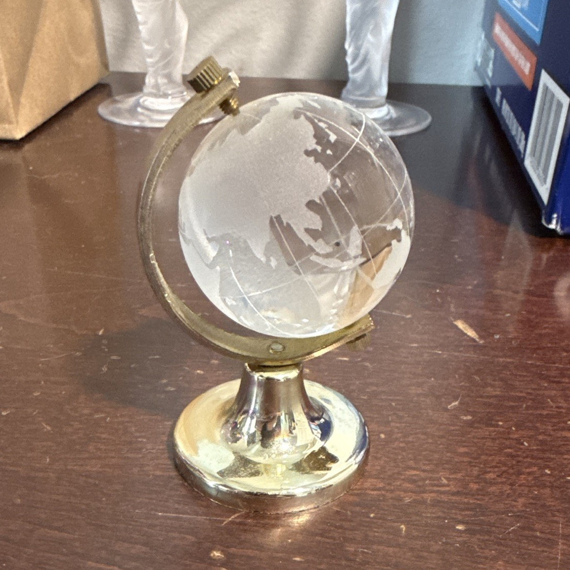 Decorative Tabletop Crystal Globe w/ Gold-Tone plastic Rotating Base