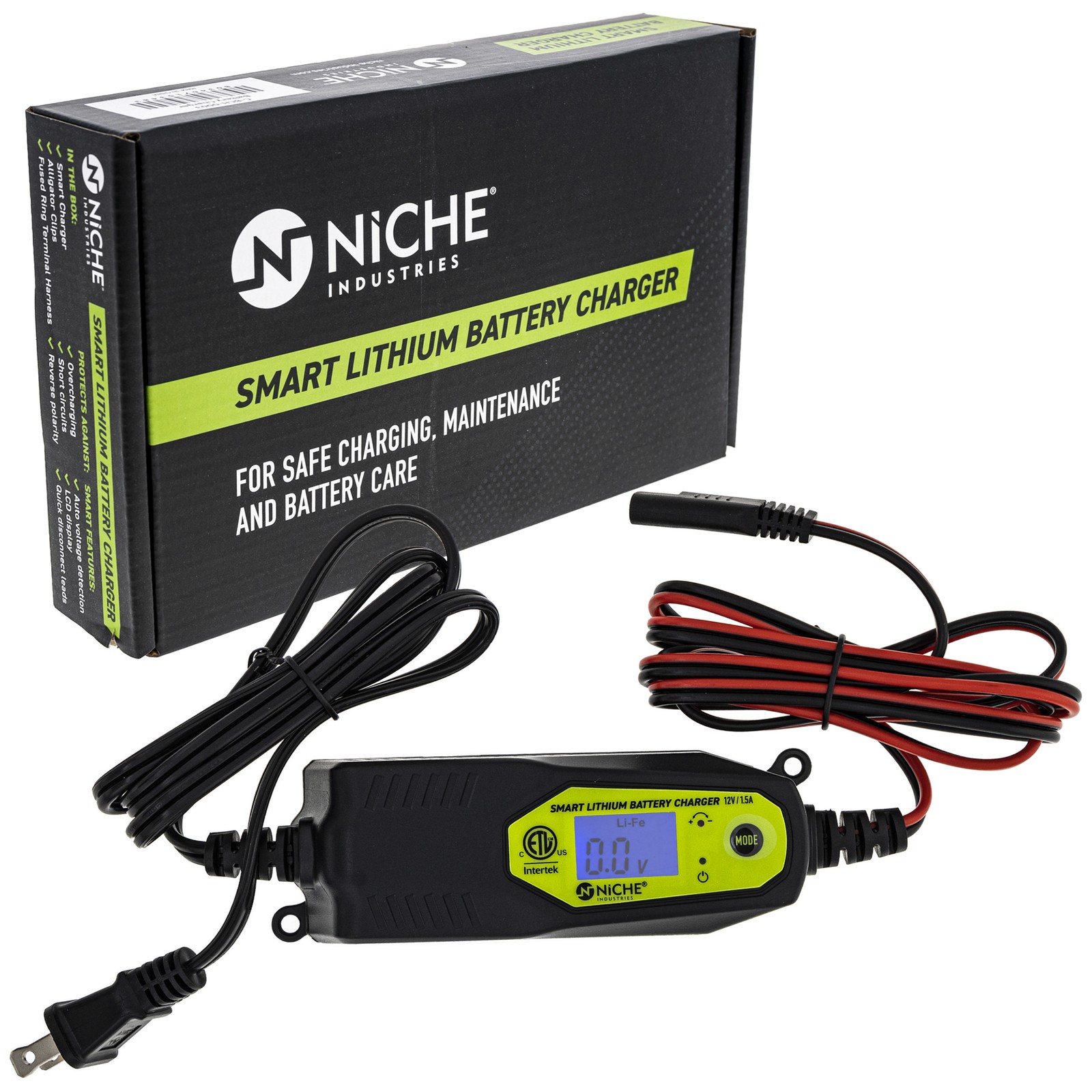NICHE Smart Lithium Battery Charger Maintainer 1.5A 12V Li-ion LiPo LiFePo4