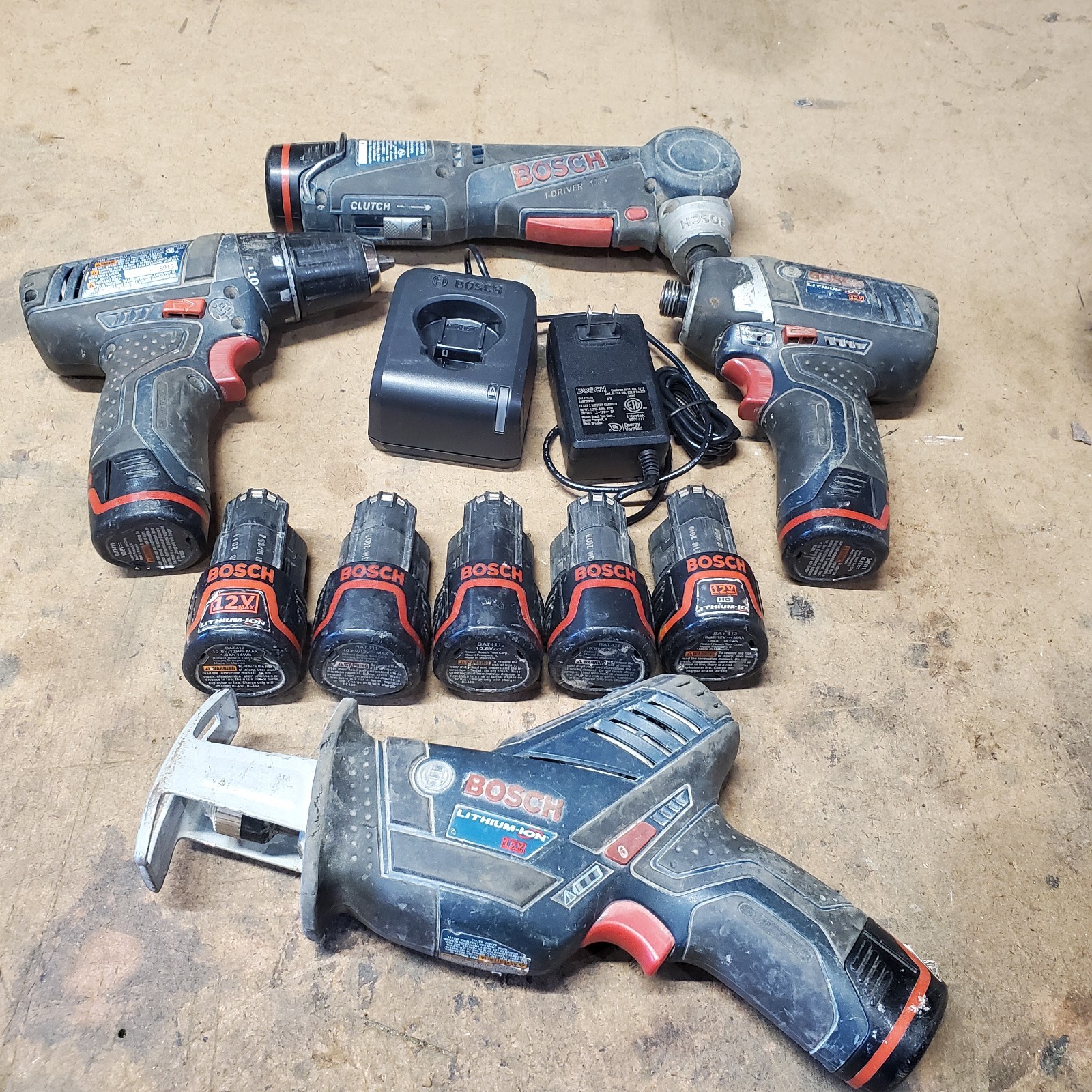 Bosch 12V  PS31 Drill, PS41 impact, PS60 Sawsall, PS10 Angle drive, 9- batterys