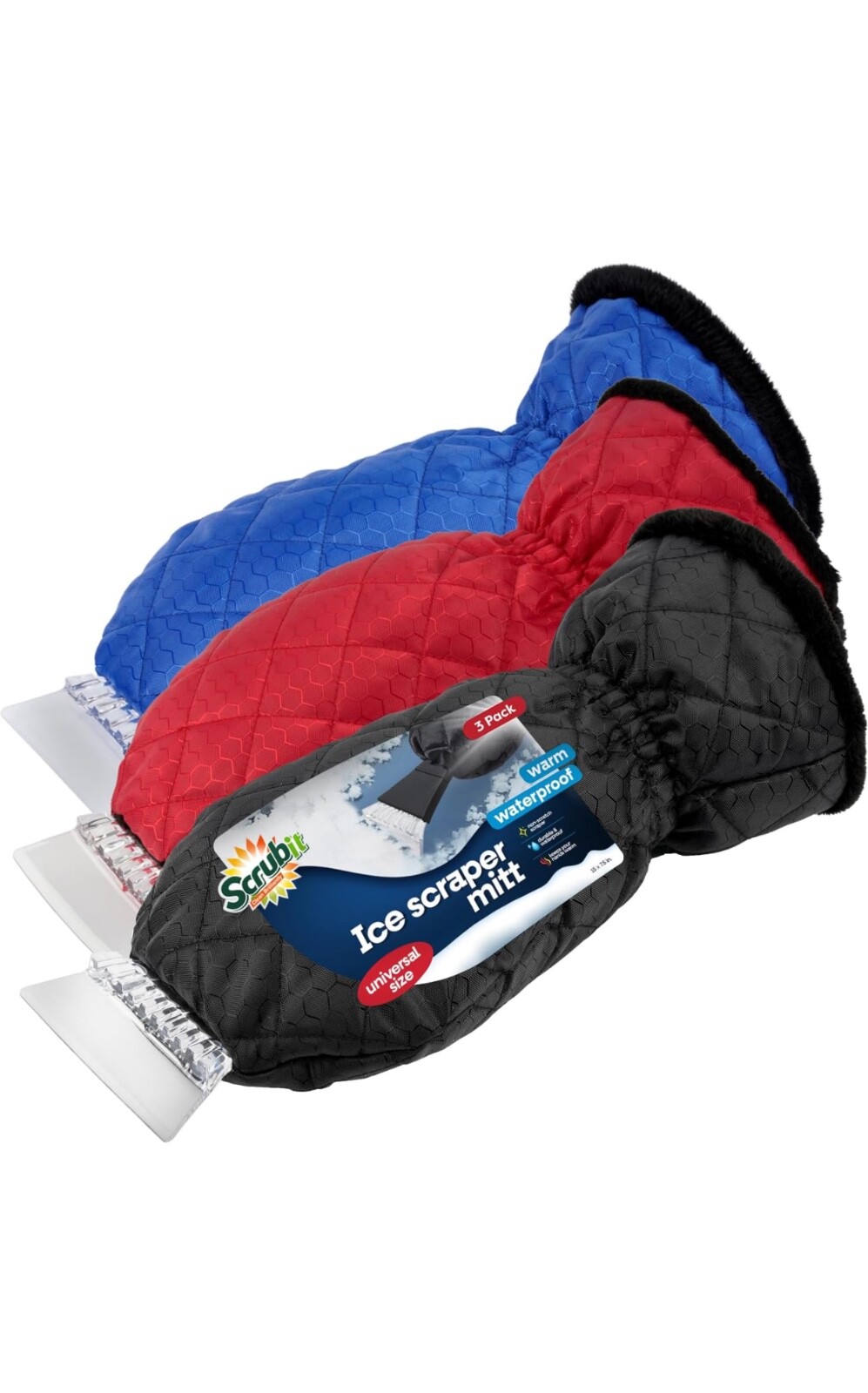 SCRUBIT Ice Scraper with Glove (3x Pack) Car Windshield Scraper for Ice and Snow