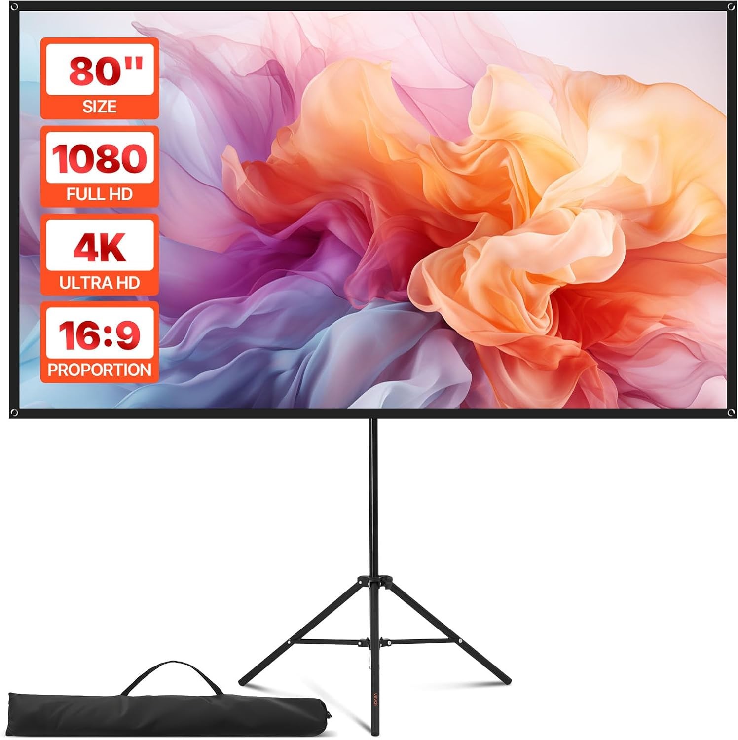 80 Inch Projector Screen with Stand 160 Wide Angle Indoor Outdoor