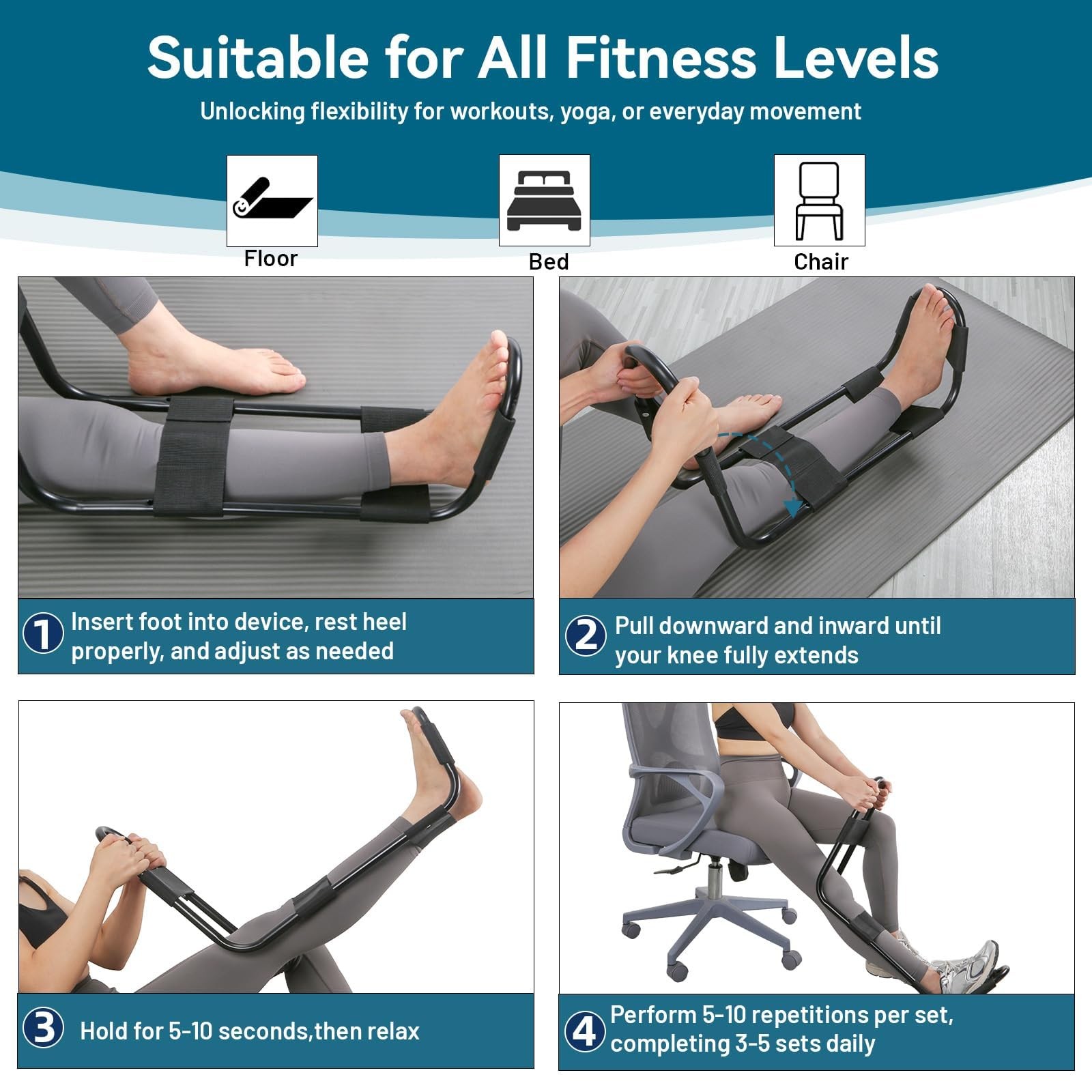 Hamstring Stretcher and Knee Extension Device for Lower Back and Hip Relief