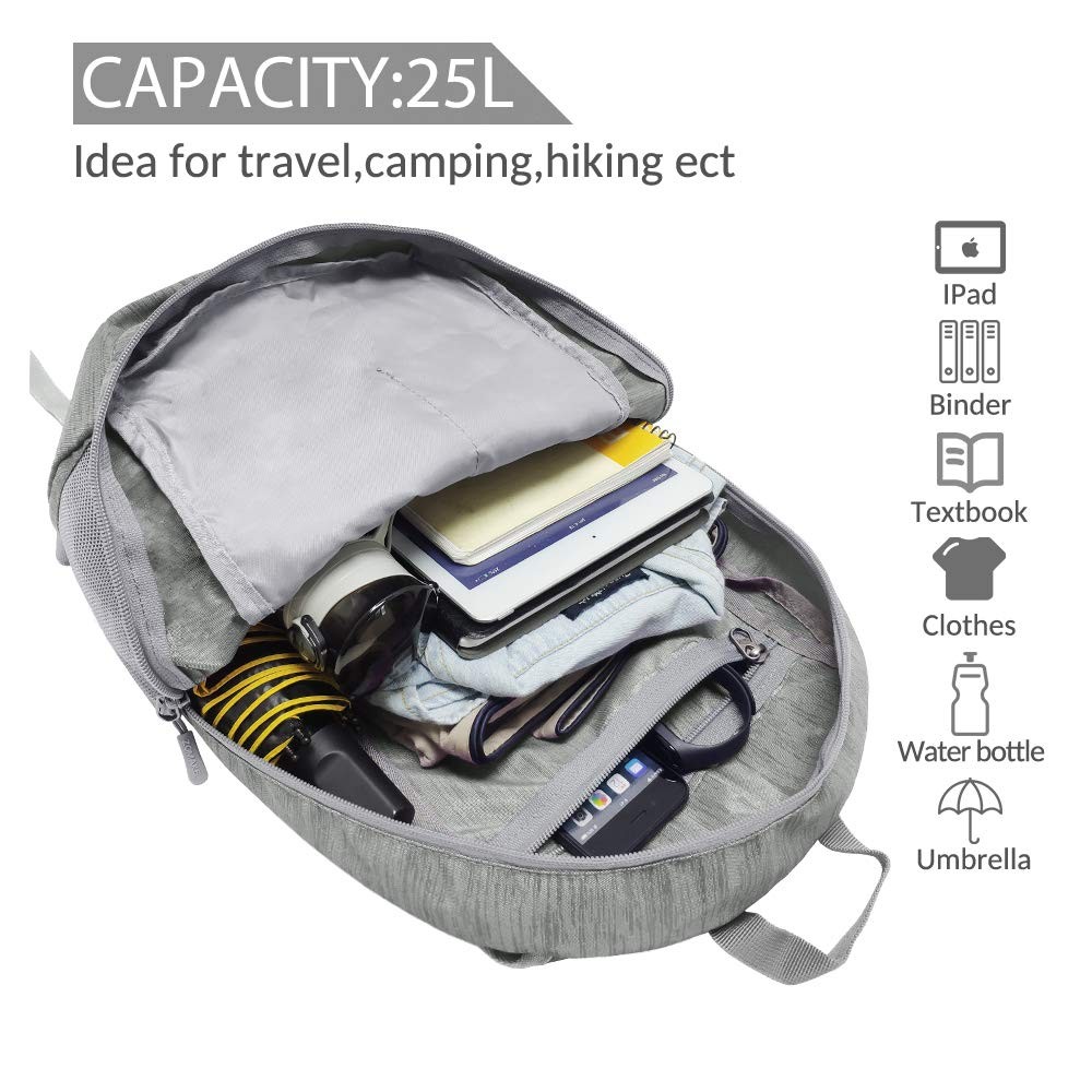25L Ultra Lightweight Packable Backpack Foldable Hiking Daypack Silver Gray