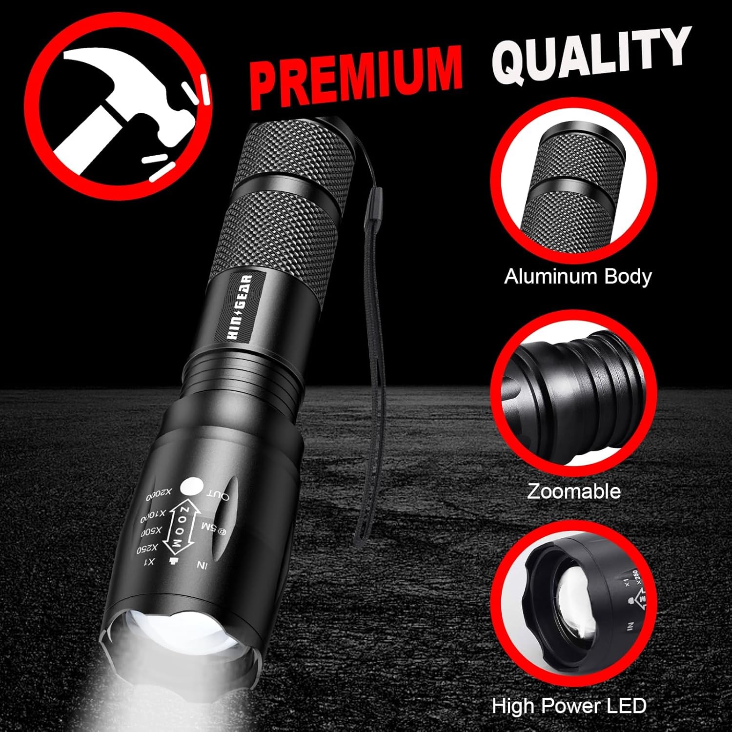 4 x Tactical 18650 Flashlight High Powered Zoomable Aluminum High Lumens