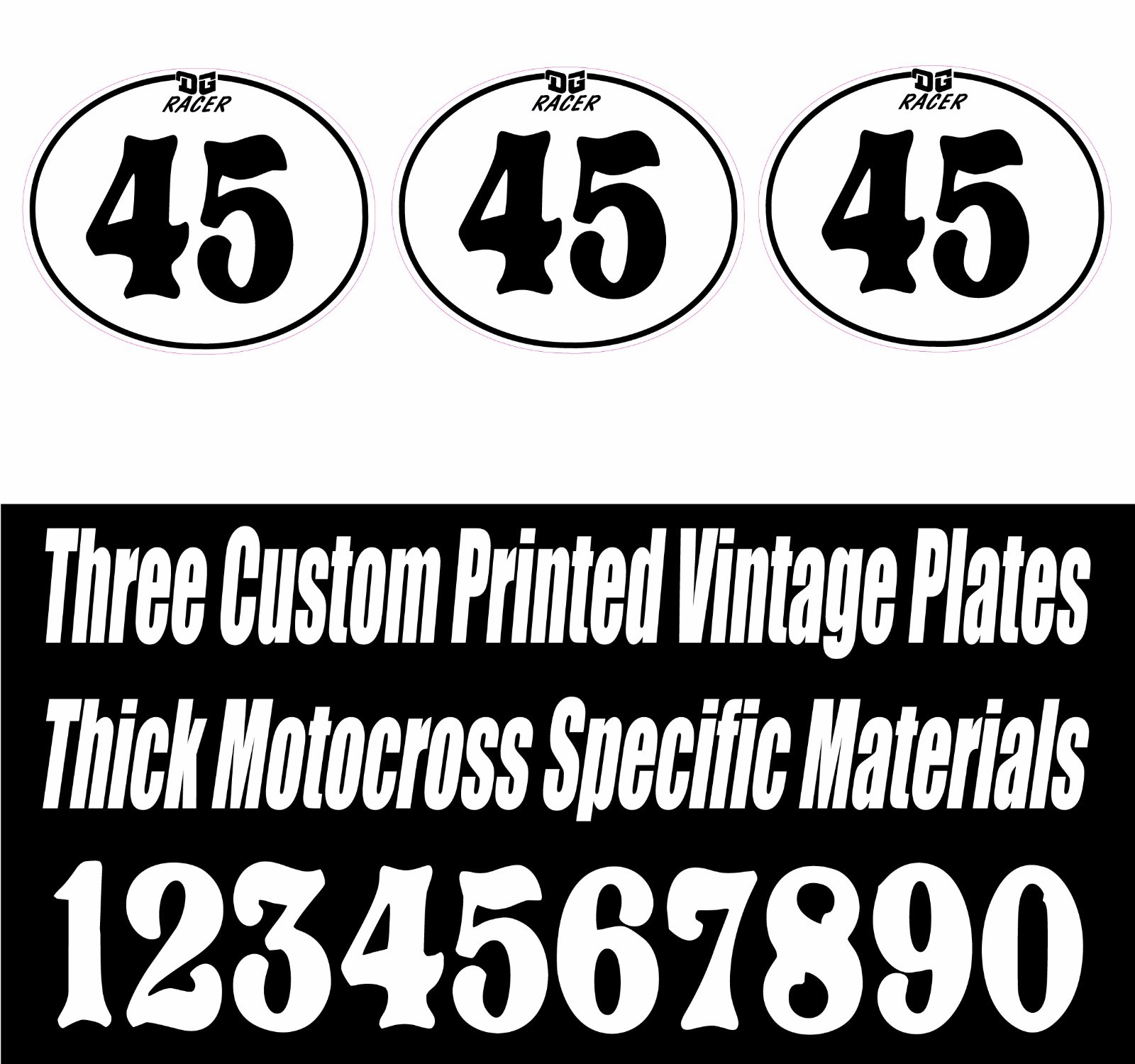 SET OF 3 WHITE DG RACER VINTAGE MOTOCROSS CUSTOM PRINTED OVAL NUMBER PLATE