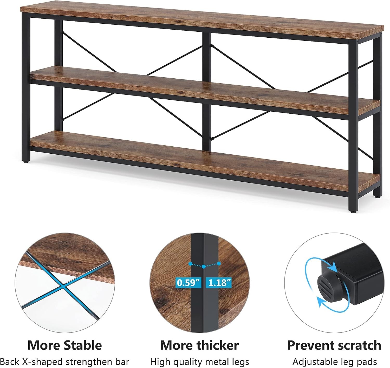 70.9" Extra Long Console Table, 3-Tier Industrial Sofa Table with Metal Frame