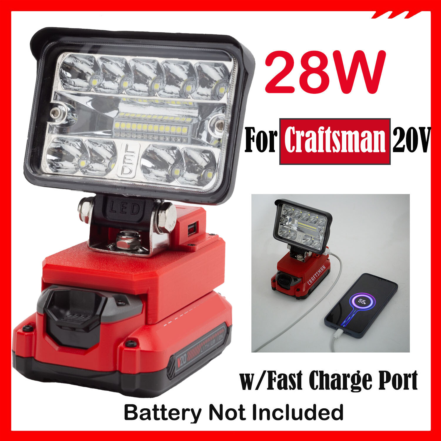 Outdoor LED Work Light for Craftsman V 20 20V Lithium Battery with USB Portable