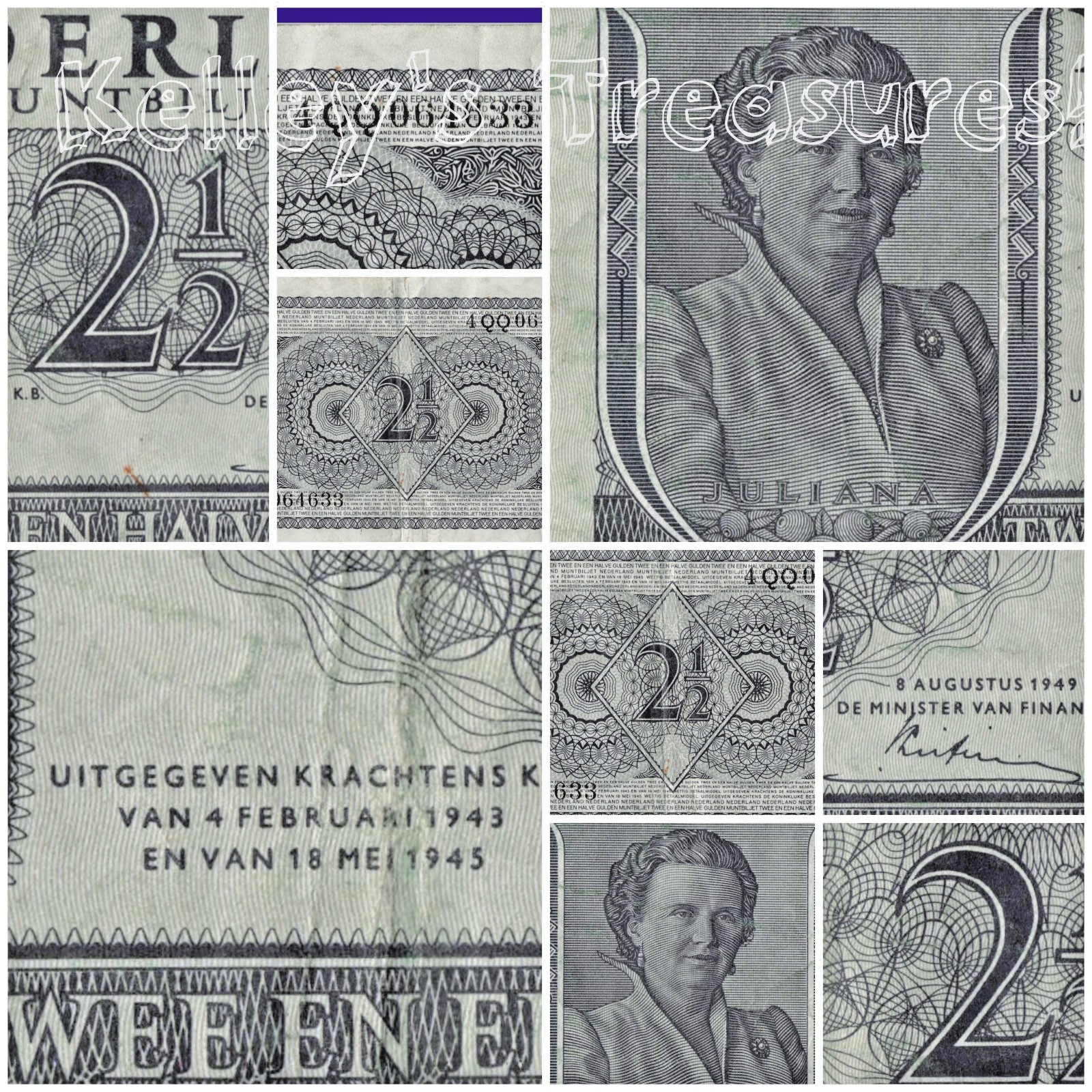 1949 Post II World War Netherlands 2 1/2 Gulden Coin Note, Queen Juliana