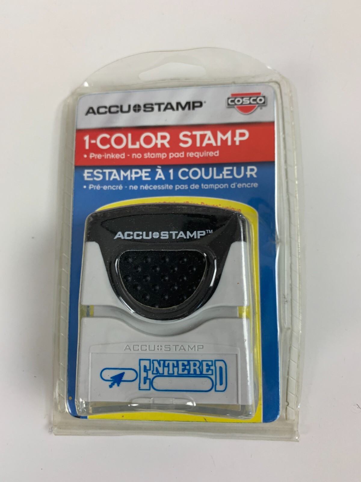 Entered Pre-inked Color Stamp Blue Ink Accu Stamp Cosco Soft Touch Grip Office