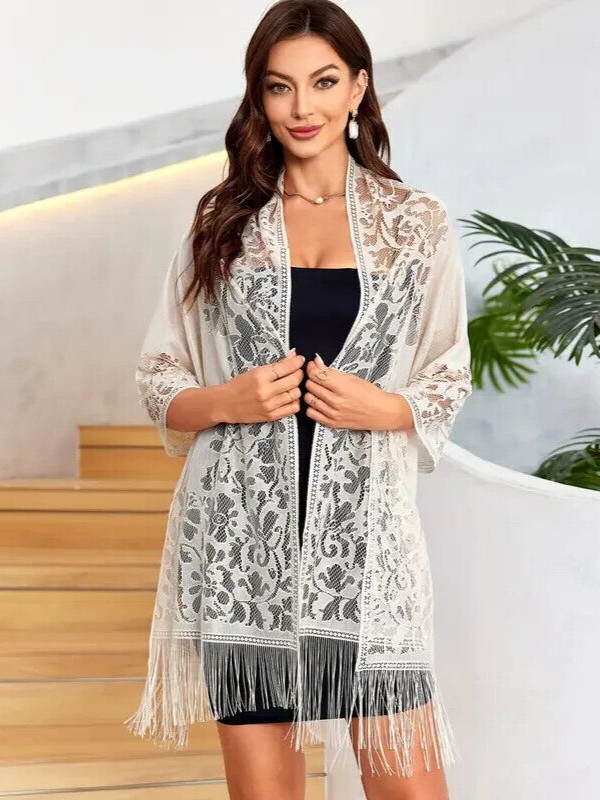 Lace Hollow Out Design Shawl Scarf Beige Tassel Fringe New Free Ship 70"x23.5"