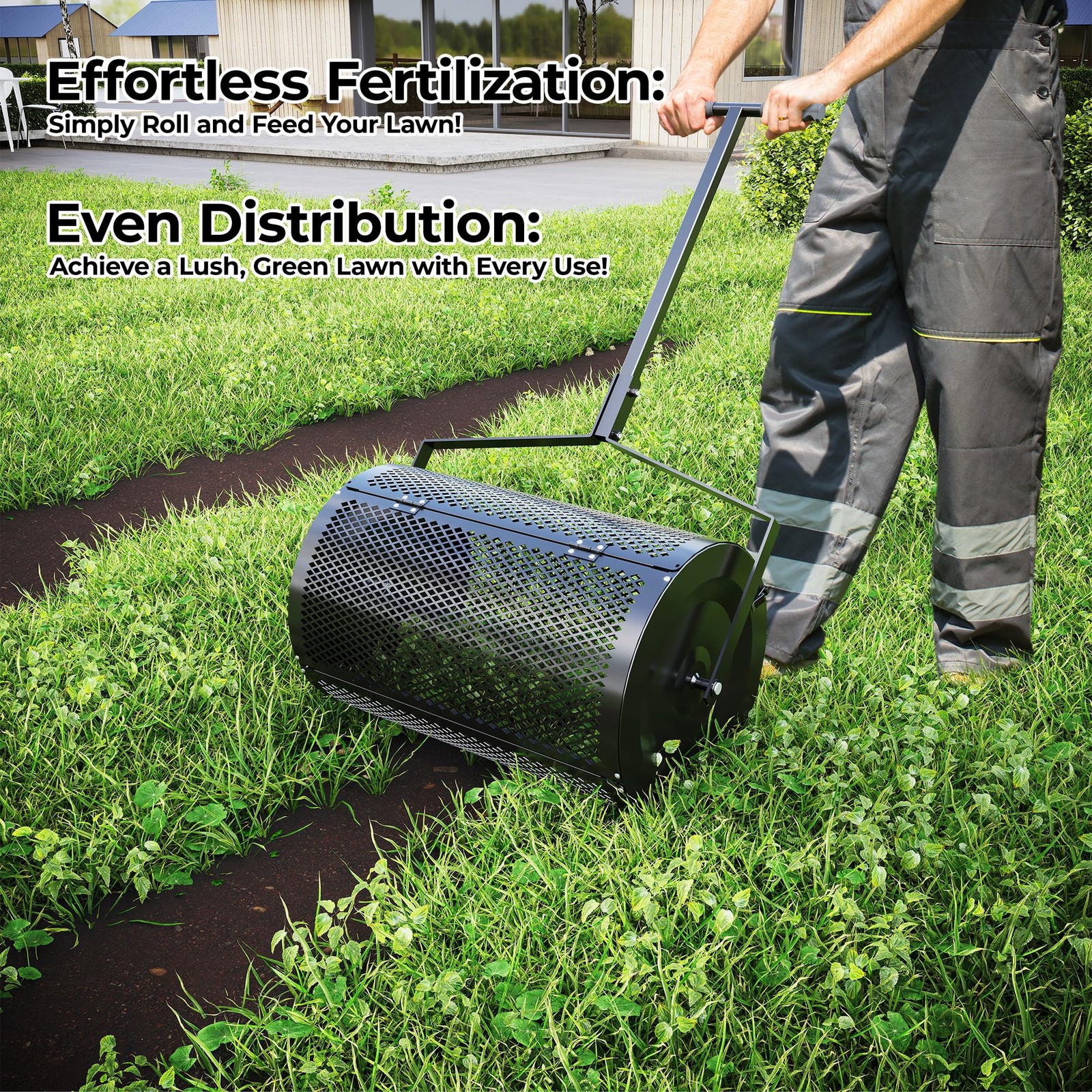 GRAVEE 24 Inch Lawn Spreader w/ Height-Adjustable Handle Rolling Drum Quick-Open