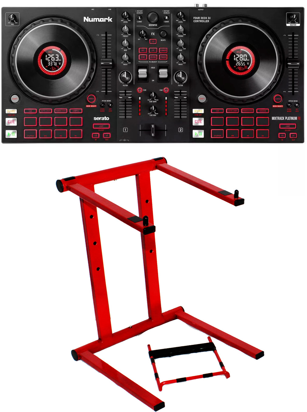 Numark Mixtrack Platinum FX 4-Deck DJ Controller+ProX T-LPS600B Laptop Stand RED