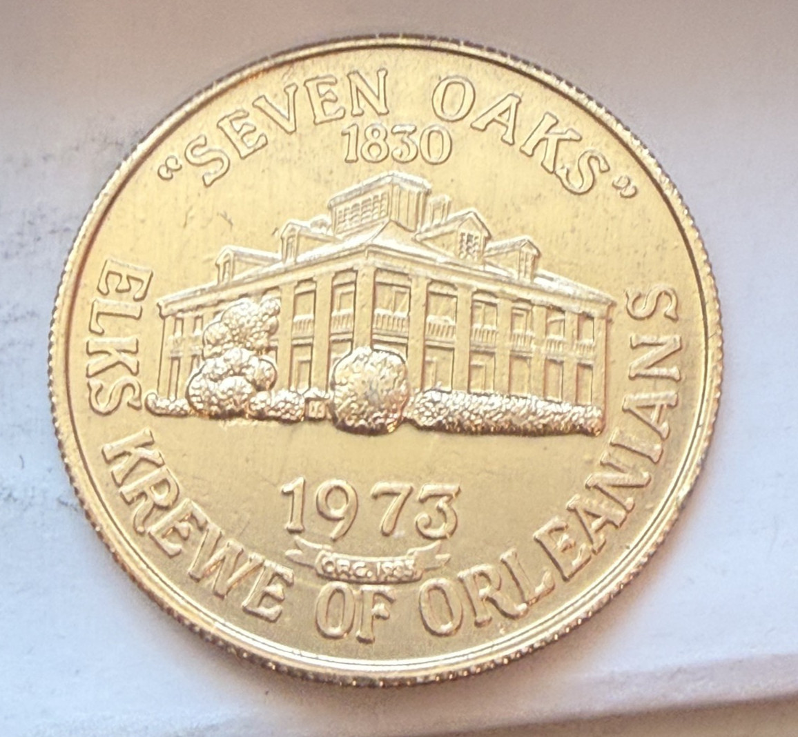 Krewe of Orleanians Gold Aluminum 1973 Doubloon, Seven Oaks
