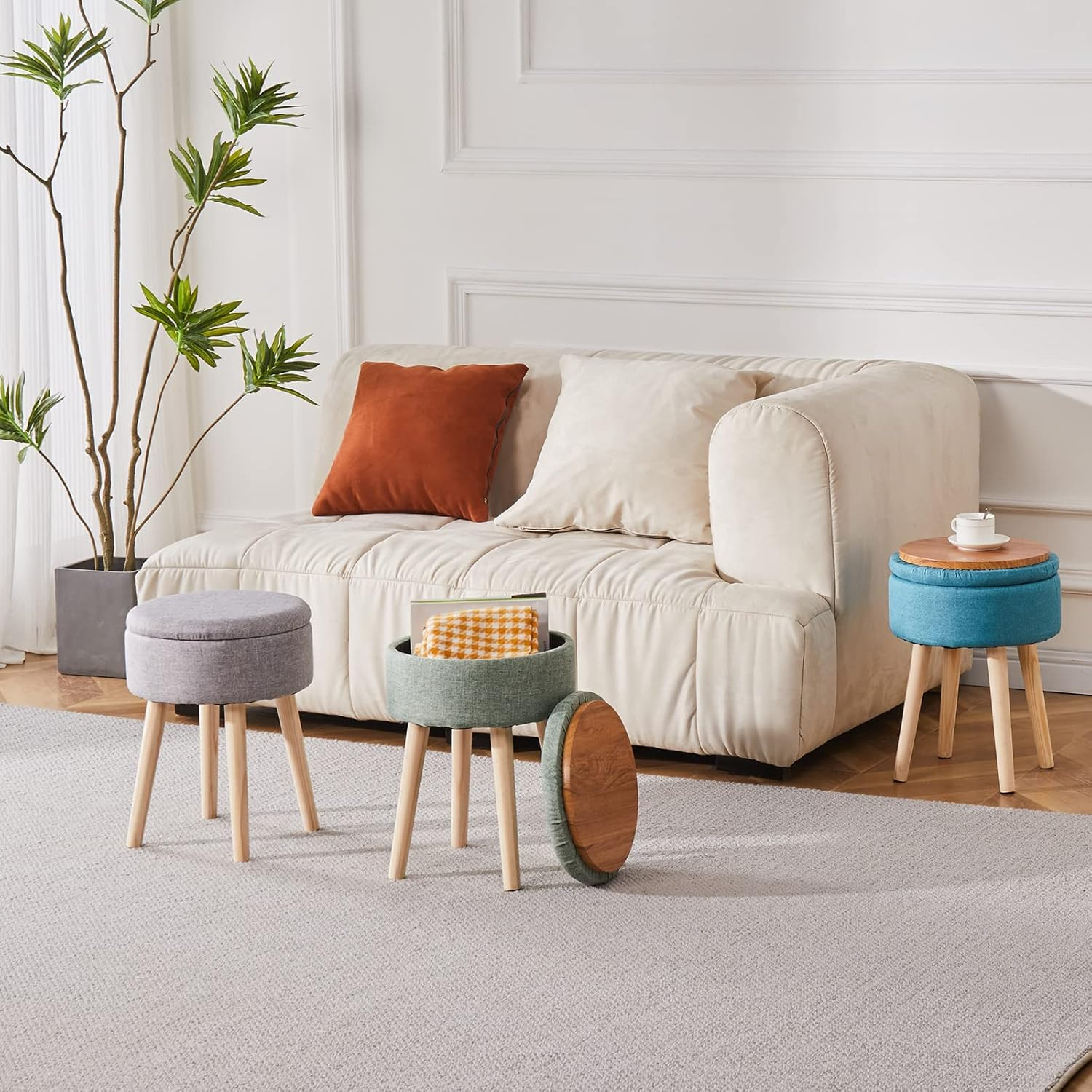 Storage Ottoman Linen Round Vanity Stool Tray Top Modern Foot Stool with Wood Le
