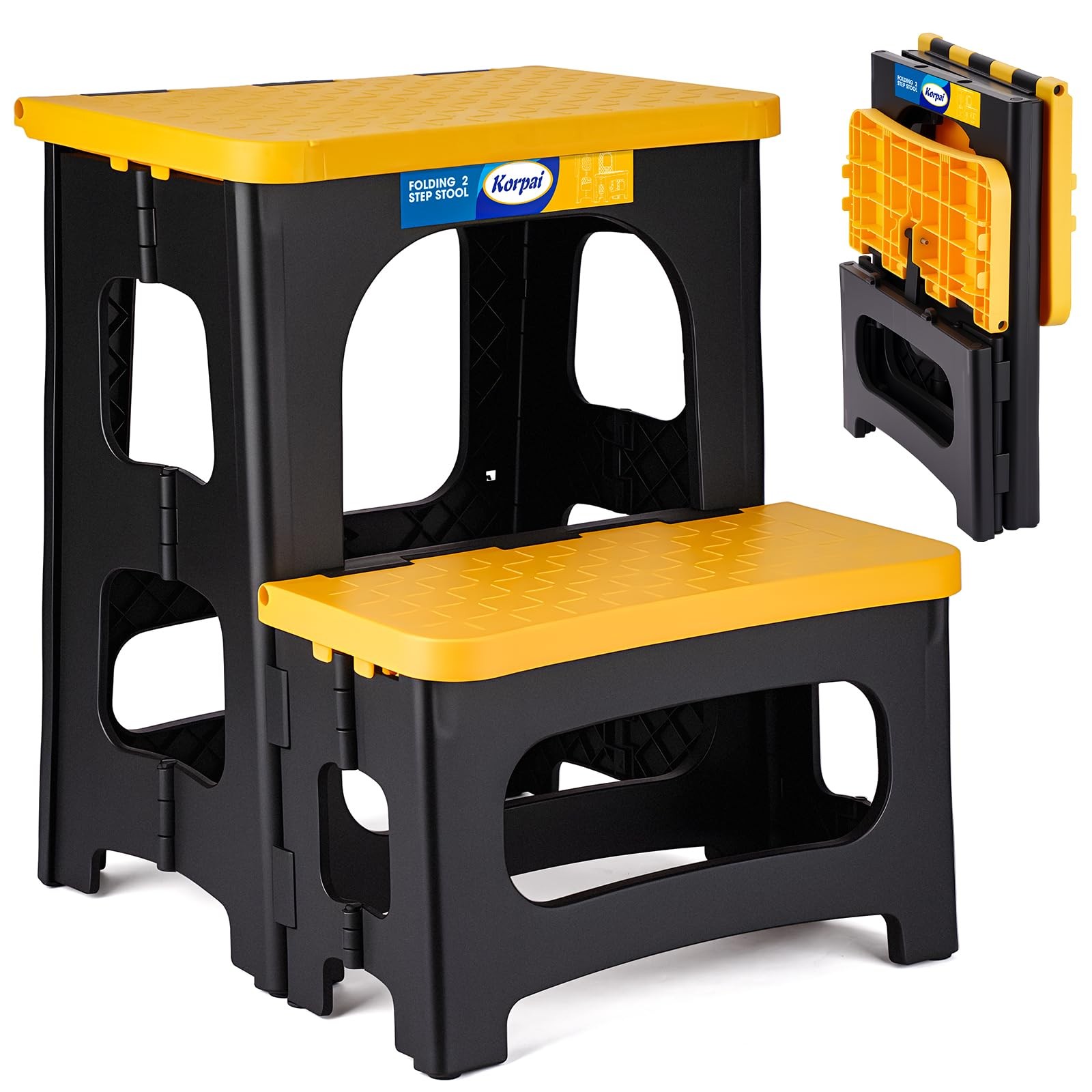 Folding 2 Step Stools 8 & 17 Inch Dual Heights Foldable 250lbs Yellow