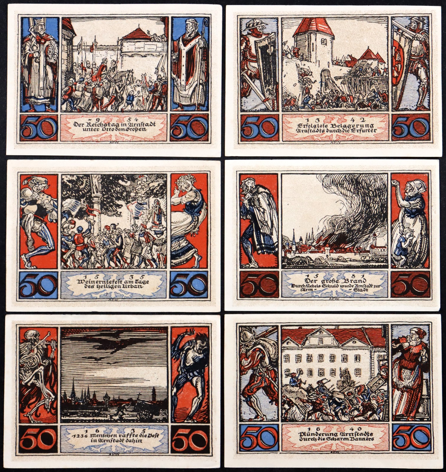 ARNSTADT 1921 "Historical Events" 6x50 Pfennig Complete Set German Notgeld