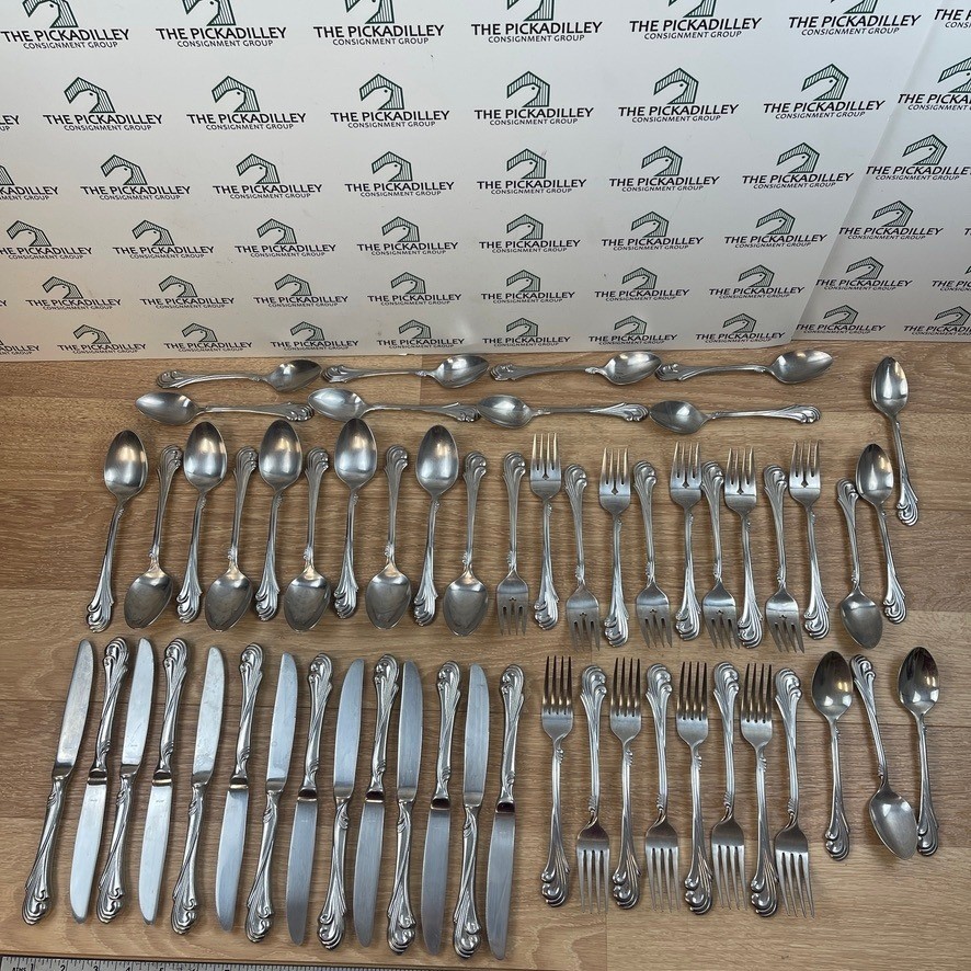 50 Plus 18-8 Stainless Japan Flatware Set Scroll Pattern Knives Forks Spoons