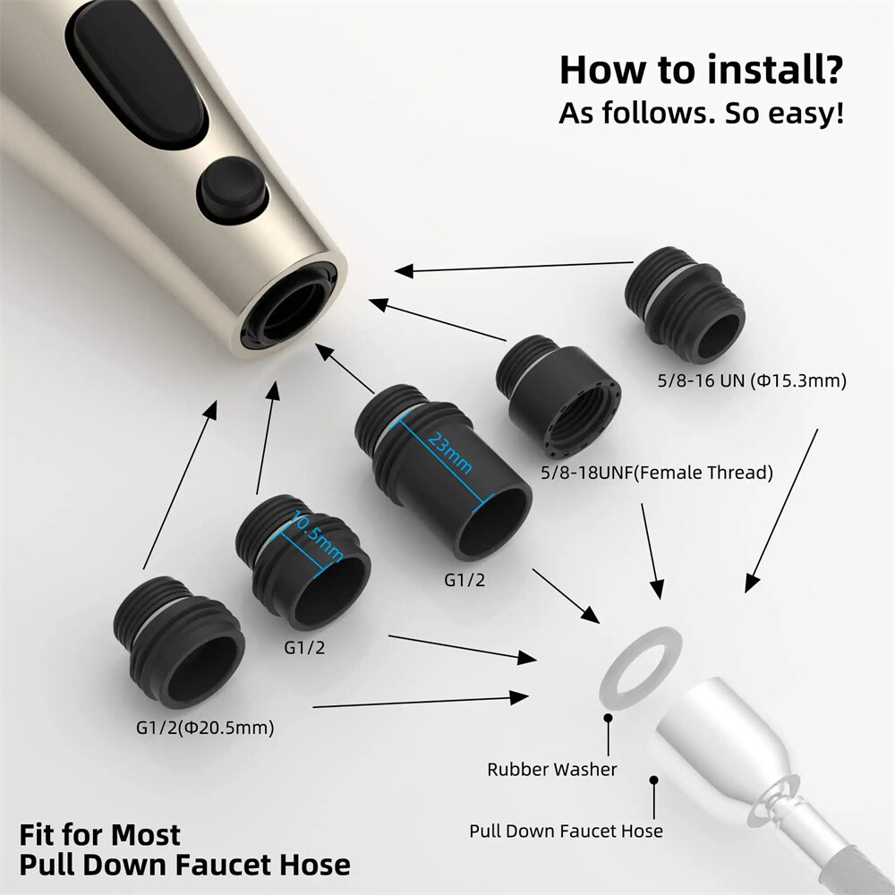 Pull Down Kitchen Spray Head W/ 9 Adapters 3-Function Faucet Accessories Brushed