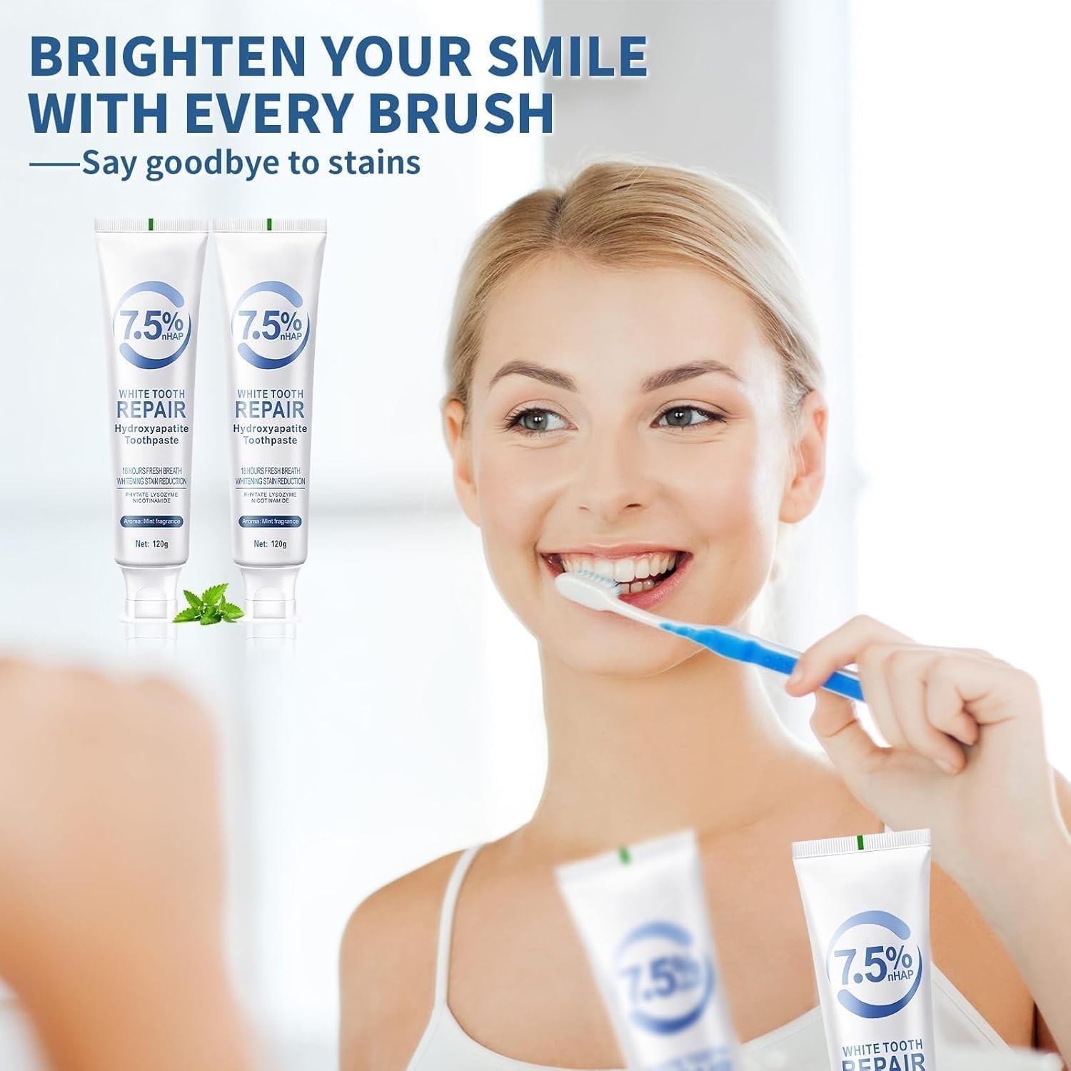 2 Pasta dental con 7.5% Nano Hidroxiapatita, sin flúor, 4oz, blanqueadora