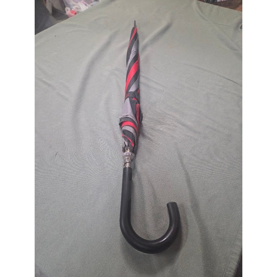 VTG Claiborne for Men Umbrella Red Black Grey Colorblock Hook Handle 34 Inch