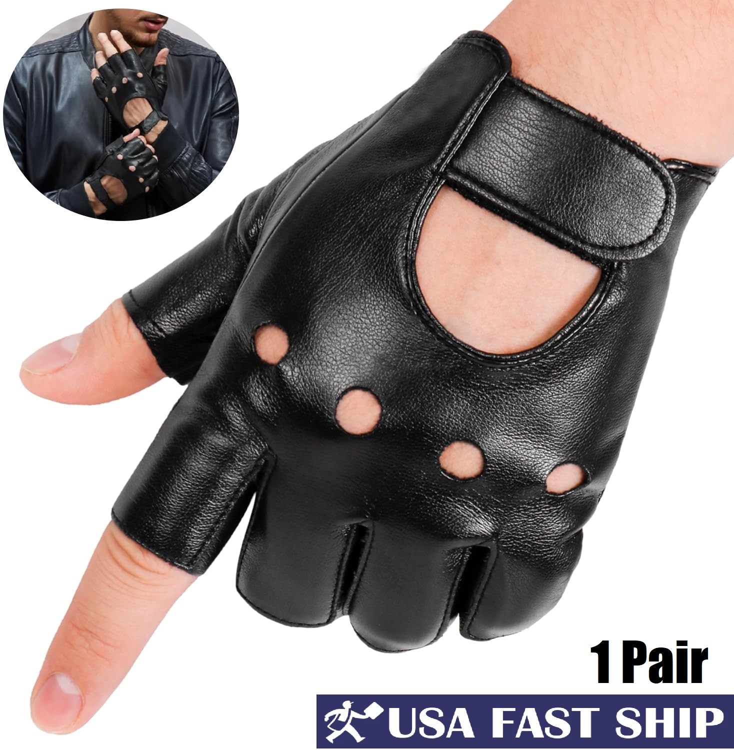 2× Men's Black Motorcycle Fingerless Leather Half Finger Driving Biker Gloves US