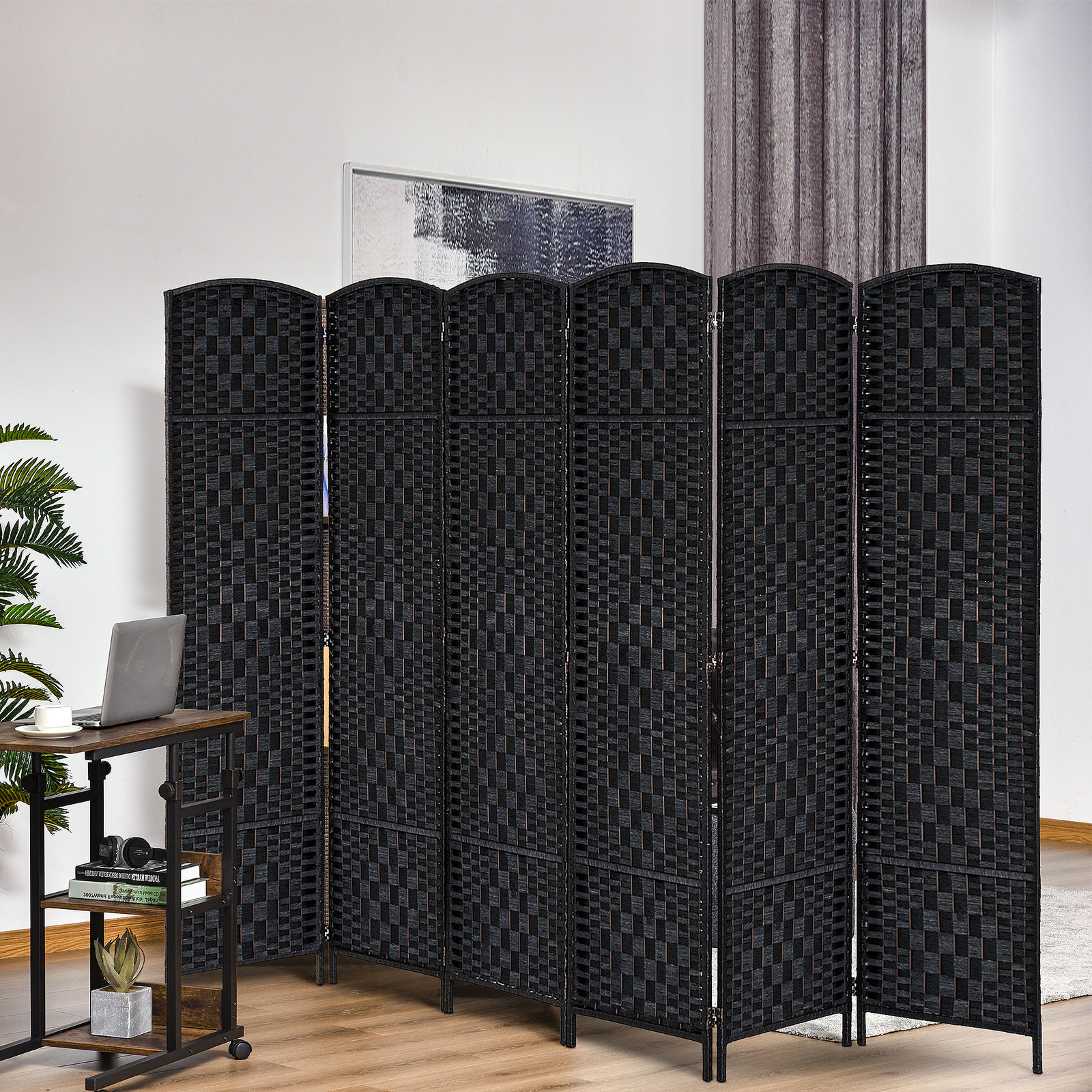 6 Panel Folding Room Divider w/Wood Frame, 6' Tall Wicker Weave Wall Partition