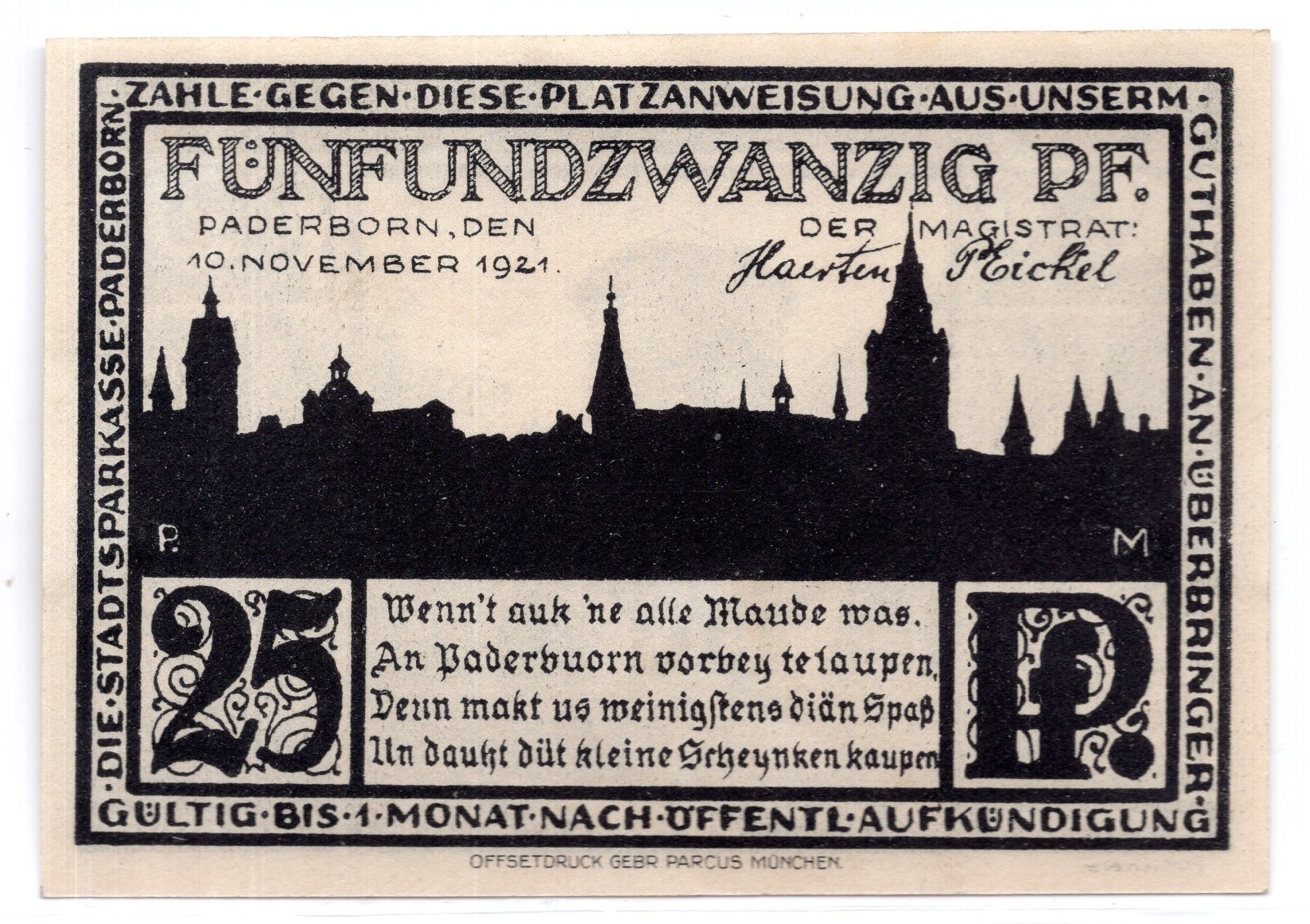 1921 Germany Paderborn Notgeld 25 Pfennig Note (2871)