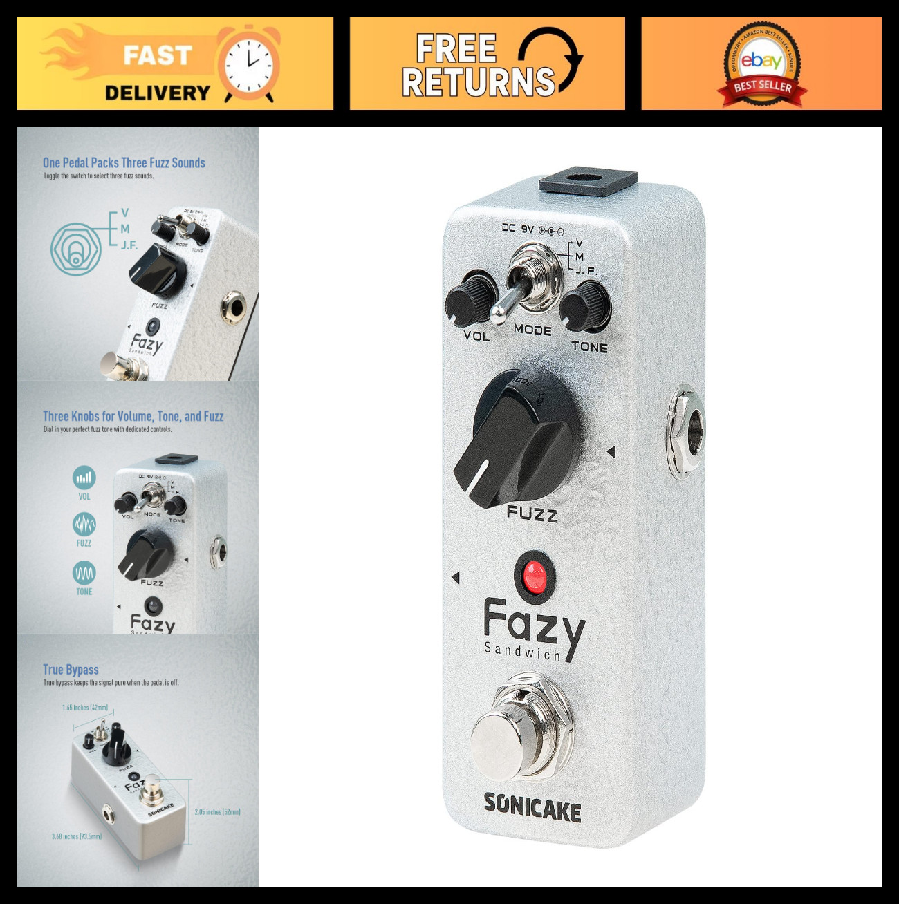 Mini Fuzz Guitar Pedal for Electric Guitar & Bass, 3 Classic Muff Sounds, True B