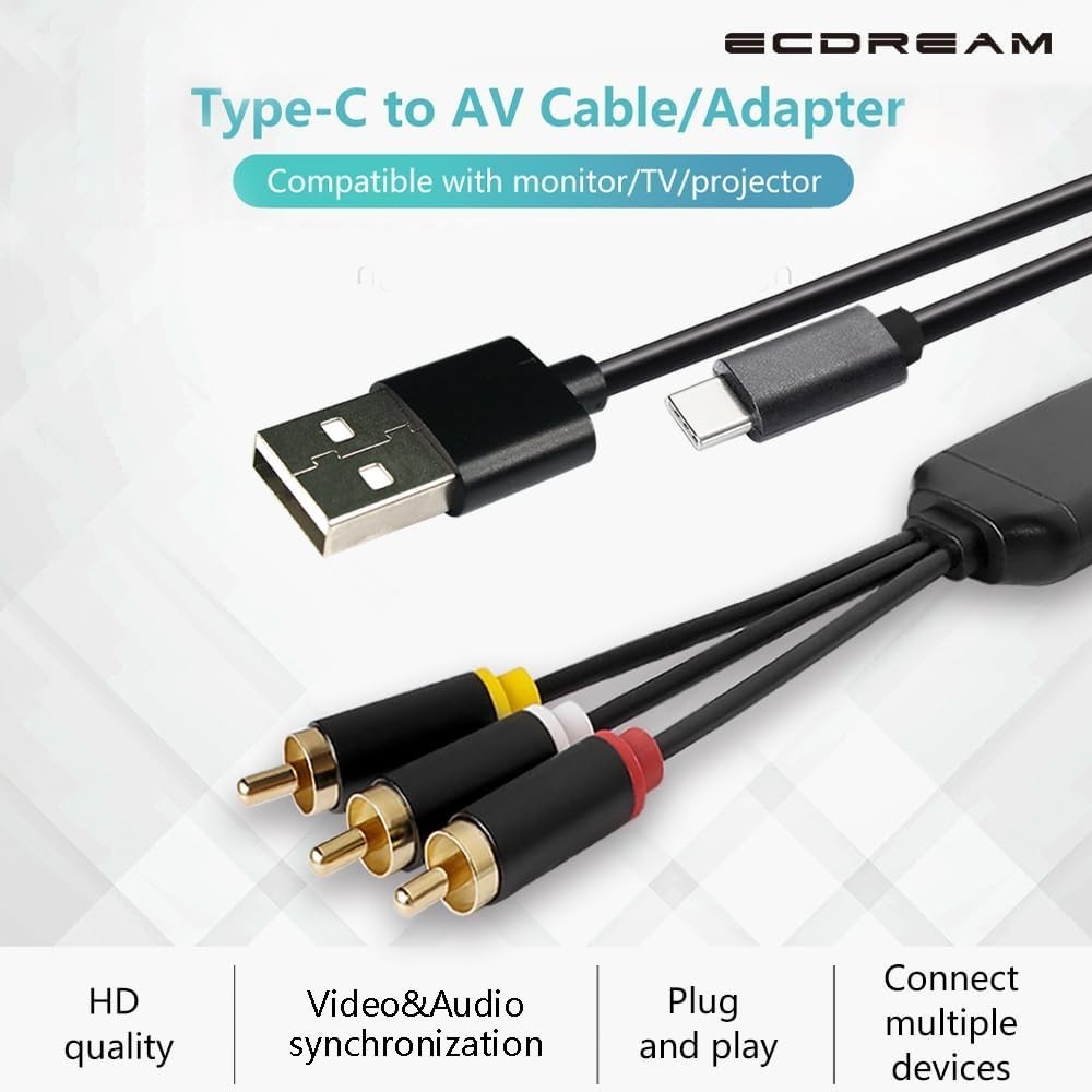 Plug & Play 6Ft USB-C to RCA Adapter - Seamless Audio & Video Connection