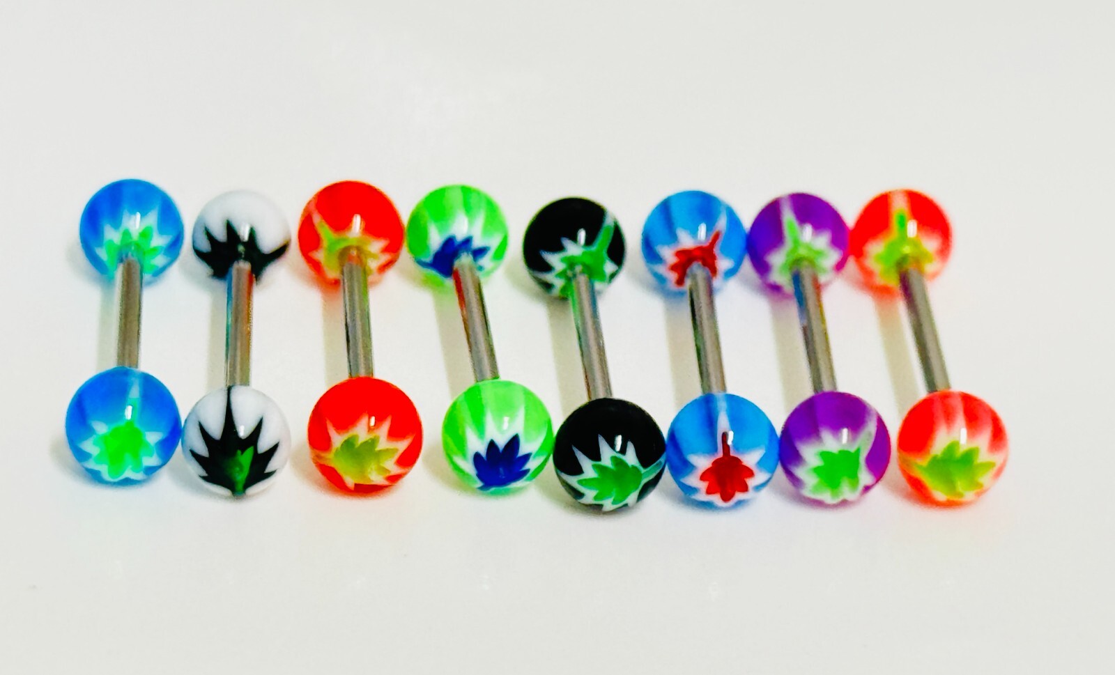8 Pc Pot Leaf Inlay Acrylic Ball 14g 5/8" Barbell Nipples Tongue Rings