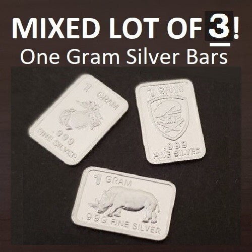Mixed lot of THREE 3x 1 gram silver bars 0.999 fine precious metals - FREE SHIP!