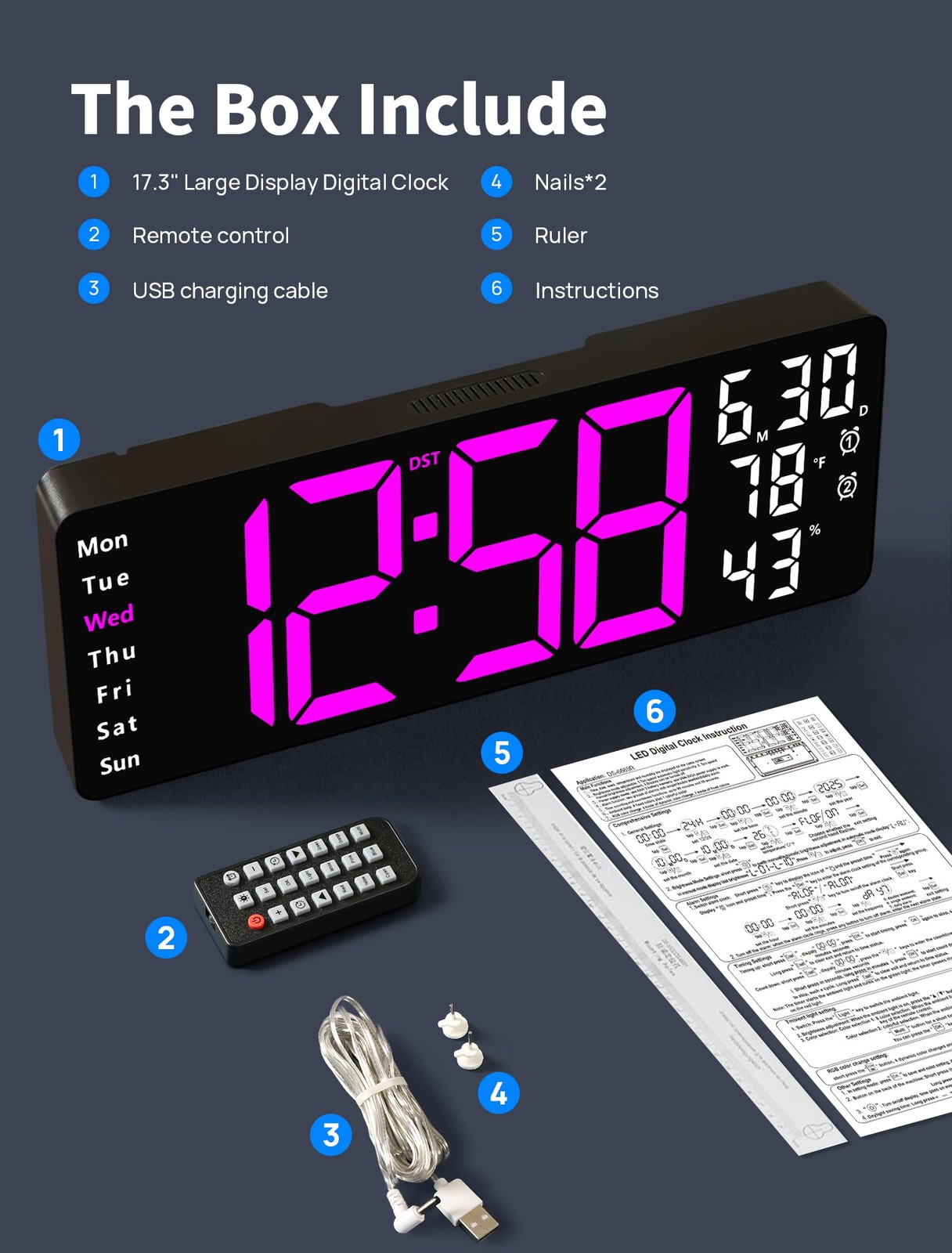 17.3" Large Digital Wall Mount Clock, Digital Clock with Remote Control, Alar...