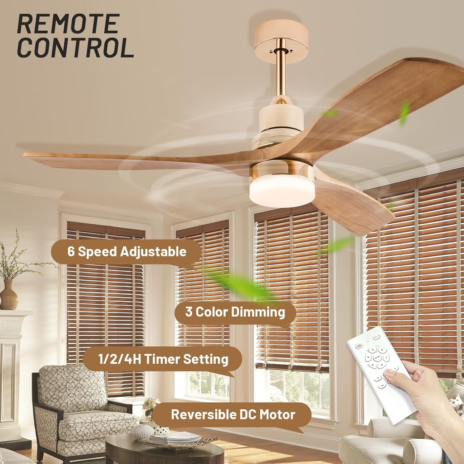 Rose Gold 48" Modern Ceiling Fan with Light & Remote, 6-Speed DC Motor