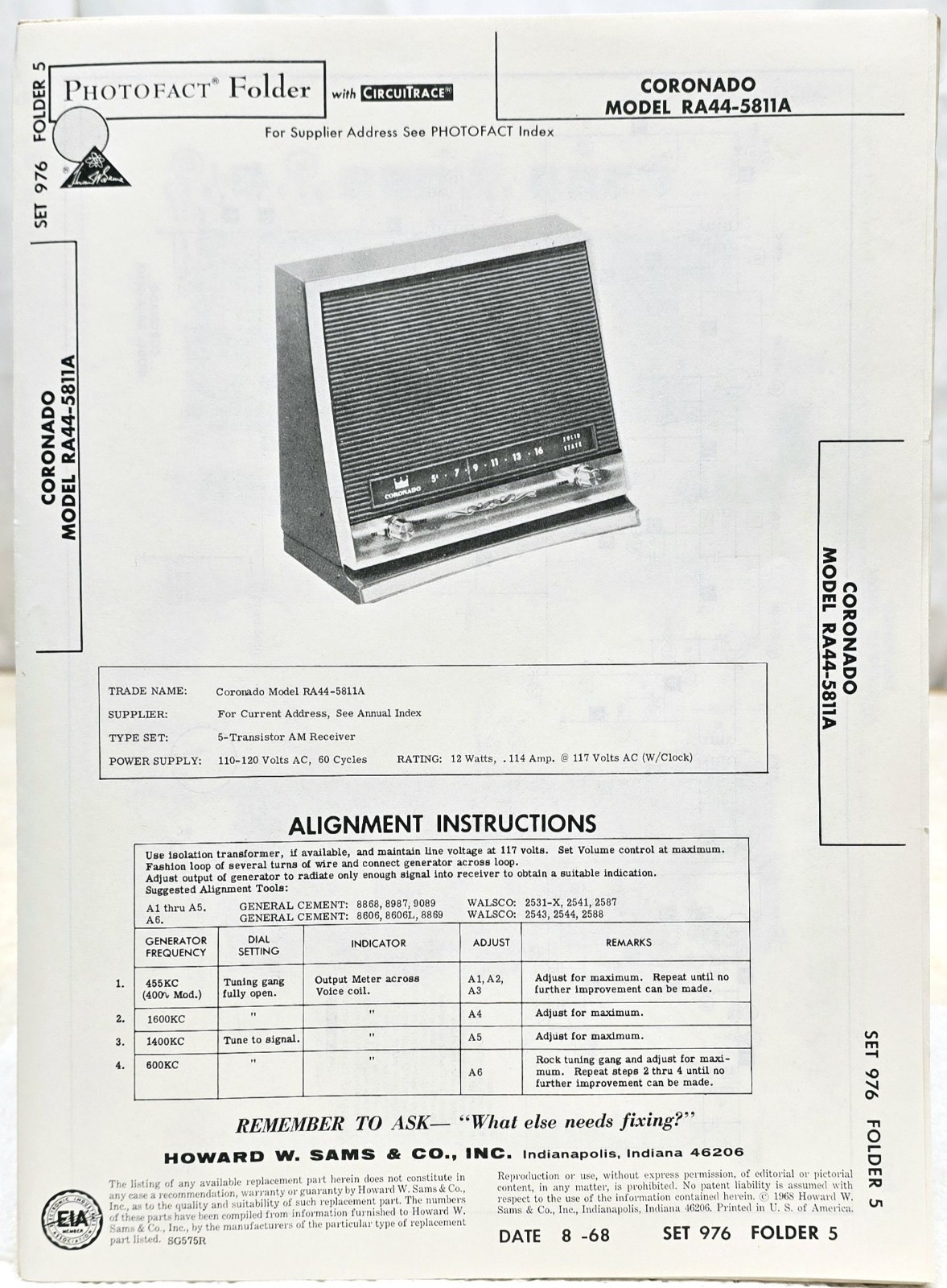 Coronado Model RA44-5811A Radio, Sams 1968 Schematics & Parts List EUC