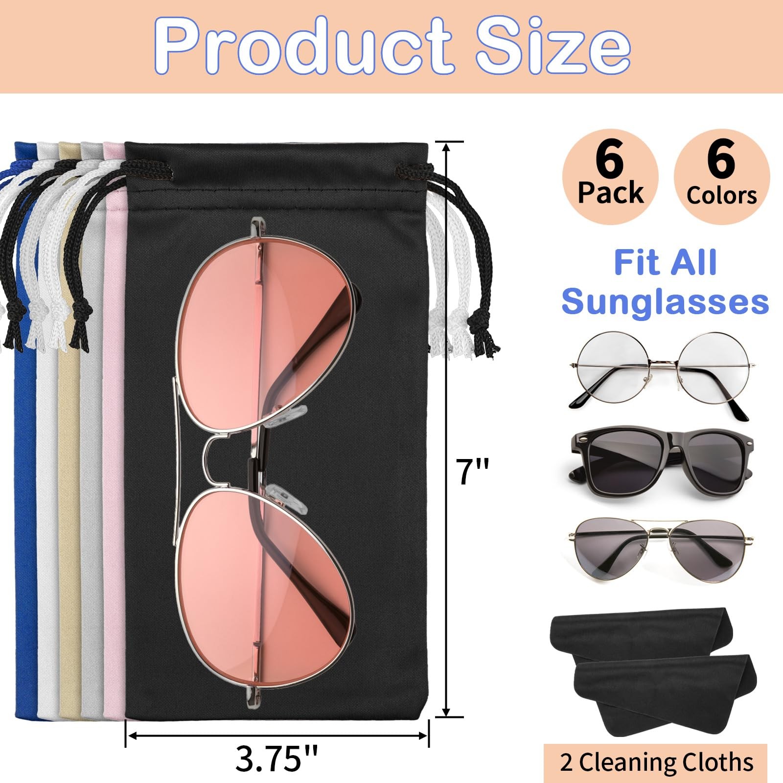 6 Pack Microfiber Soft Eyeglasses Pouch Sunglasses Case with Drawstring