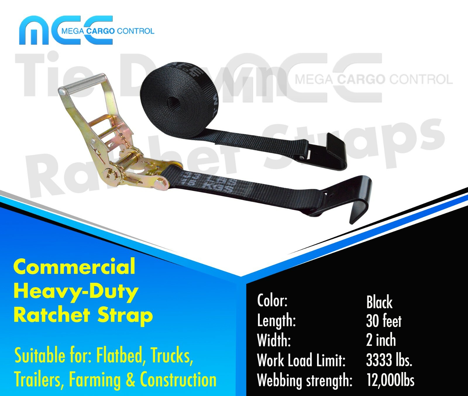 2 Pack 2" x 30' Ratchet Strap w/Flat Hook Flatbed Truck Trailer Farming Tie Down