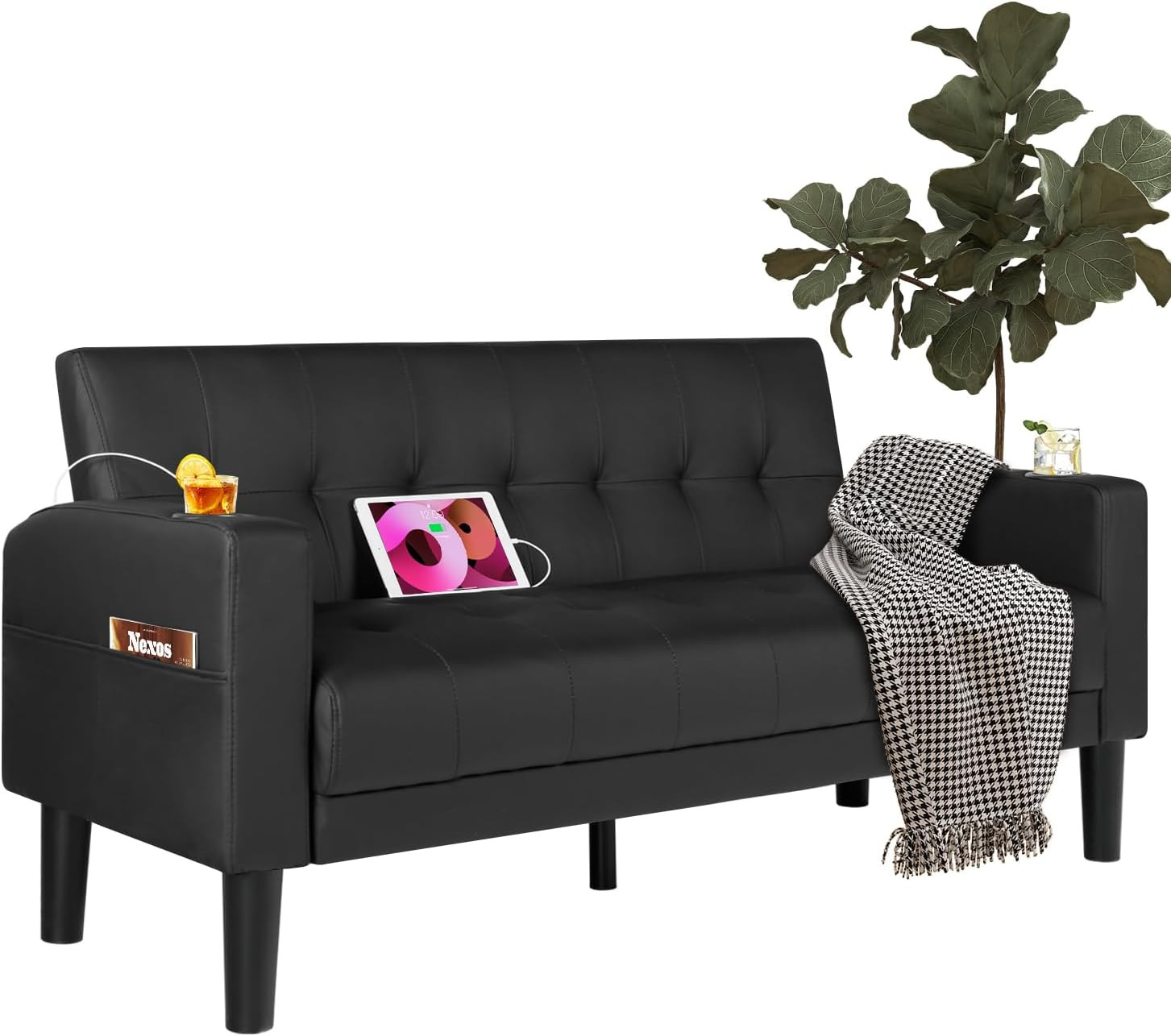 Stylish 62" Leather Loveseat with USB, Cup Holders & Side Pocket