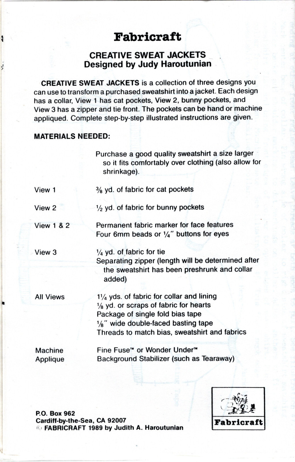 Creative Sweat Jackets" ©1989 Fabricraft Sewing Pattern # 231 Collar & Applique