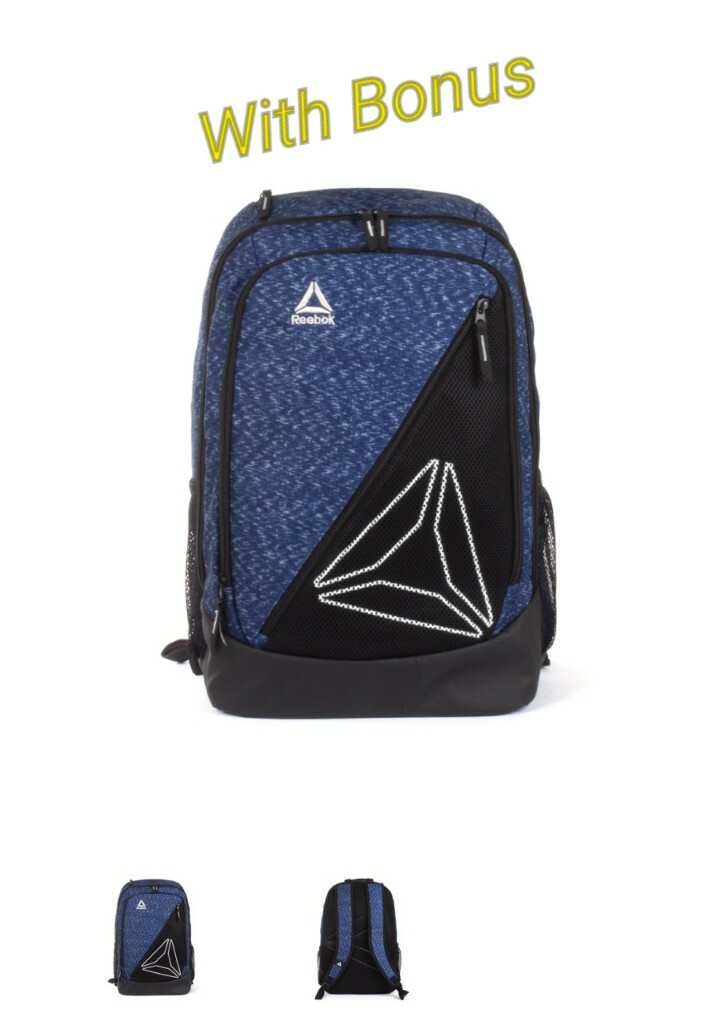 New Reebok Backpack Workout Comfort Straps Gym Blue Black With Bonus!