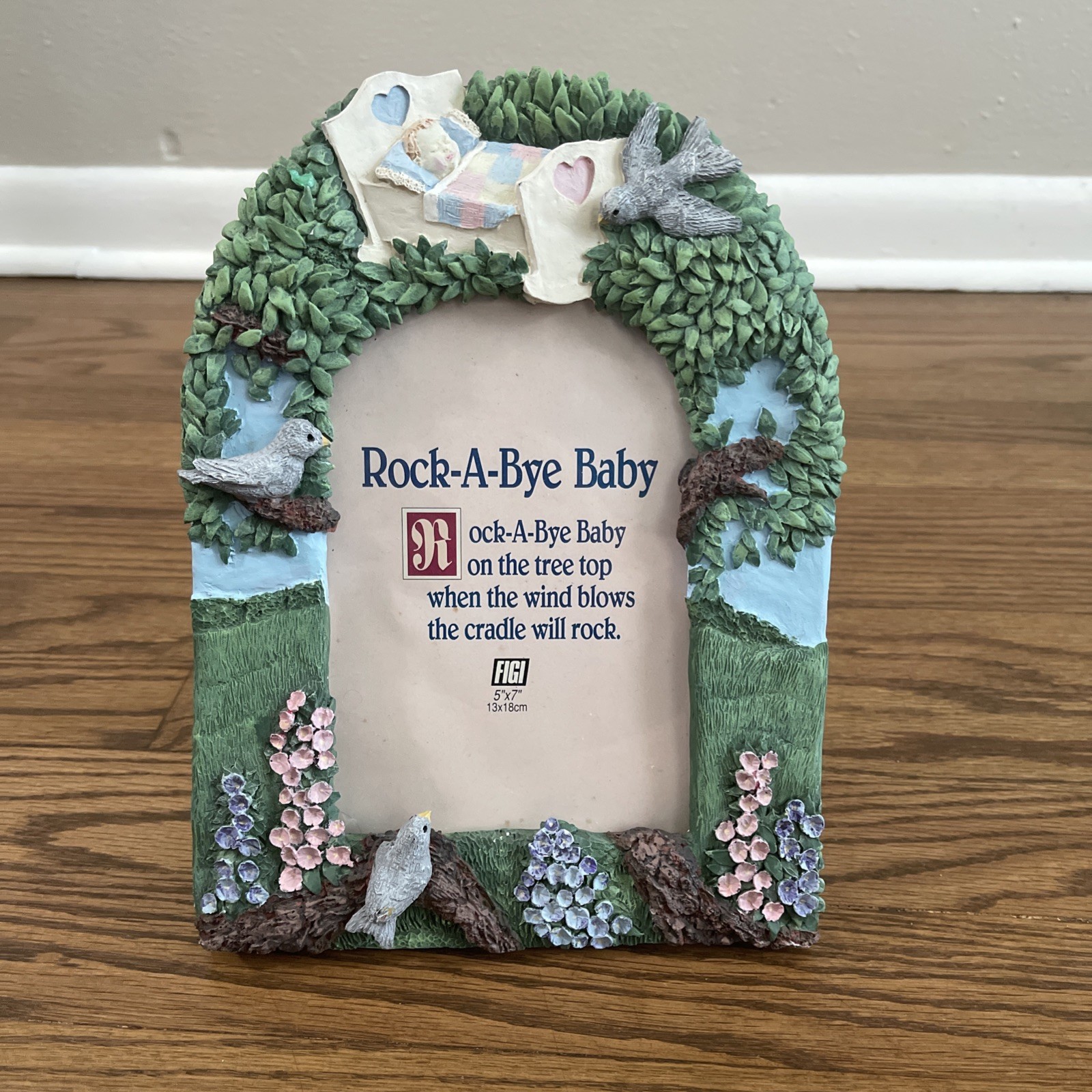 Vintage Baby Photo Frame 5x7 Rock A Bye Baby Nursery Textured Resin Trees Cradle
