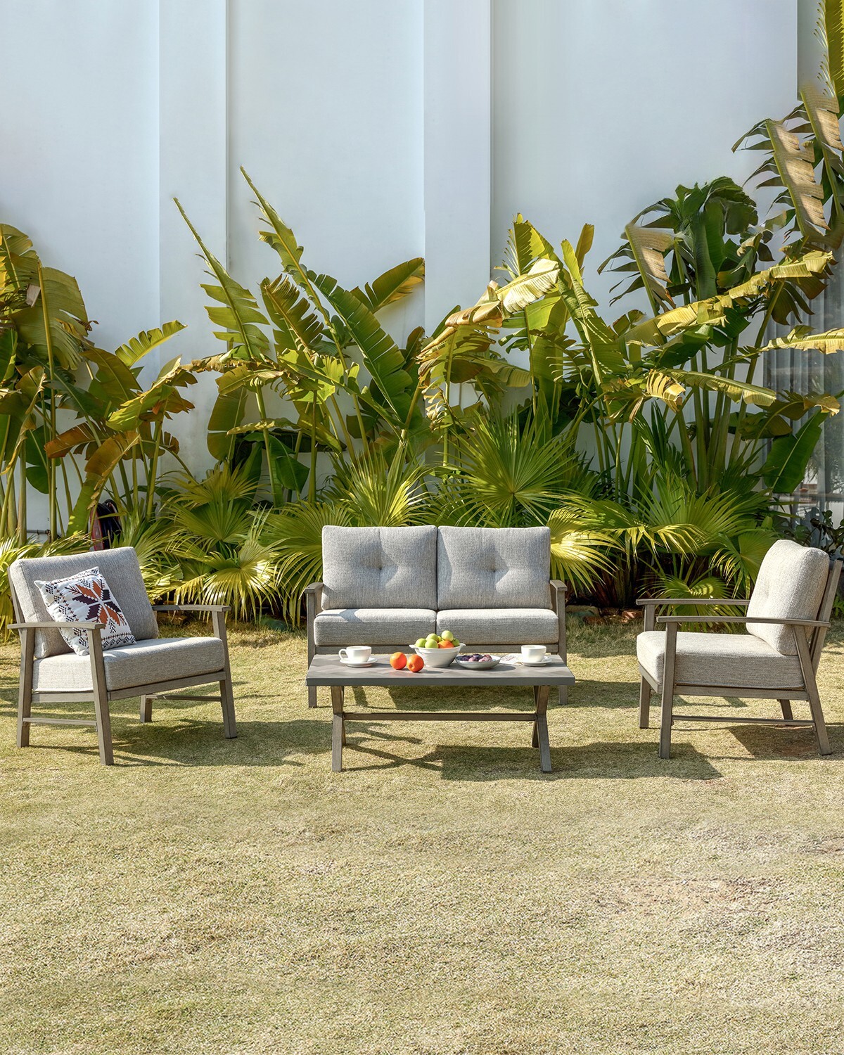 SeeHill 4 Piece Patio Conversation Sets Limed Oak Aluminum Patio Furniture Set