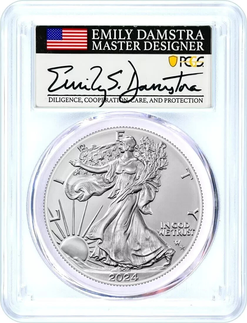 2024 P SILVER EAGLE STAR PRIVY PCGS MS70 EMILY DAMSTRA SIGNED FIRST DAY OF ISSUE