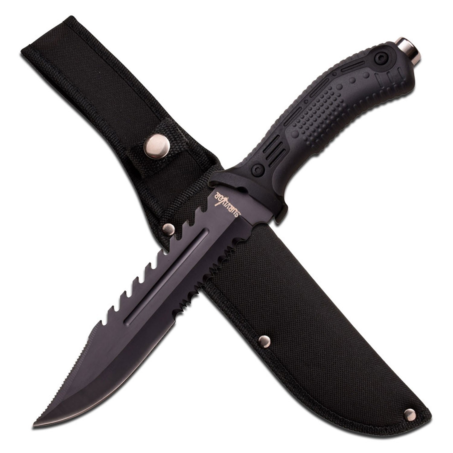 12.75" Survivor Fixed Blade Knife-Nylon Fiber, Rubber Over Mold Handle & Sheath