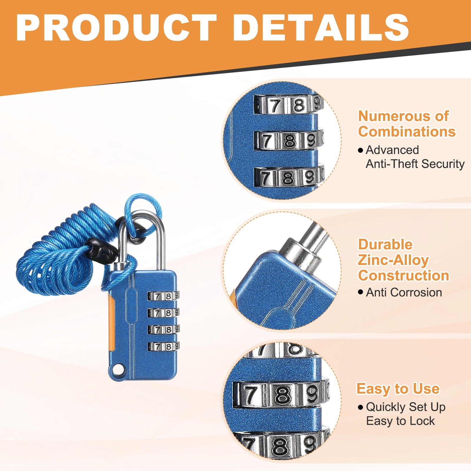 2 Pcs Luggage Lock, 4 Digit Combination Padlock and Flexible Blue Cable (90cm)
