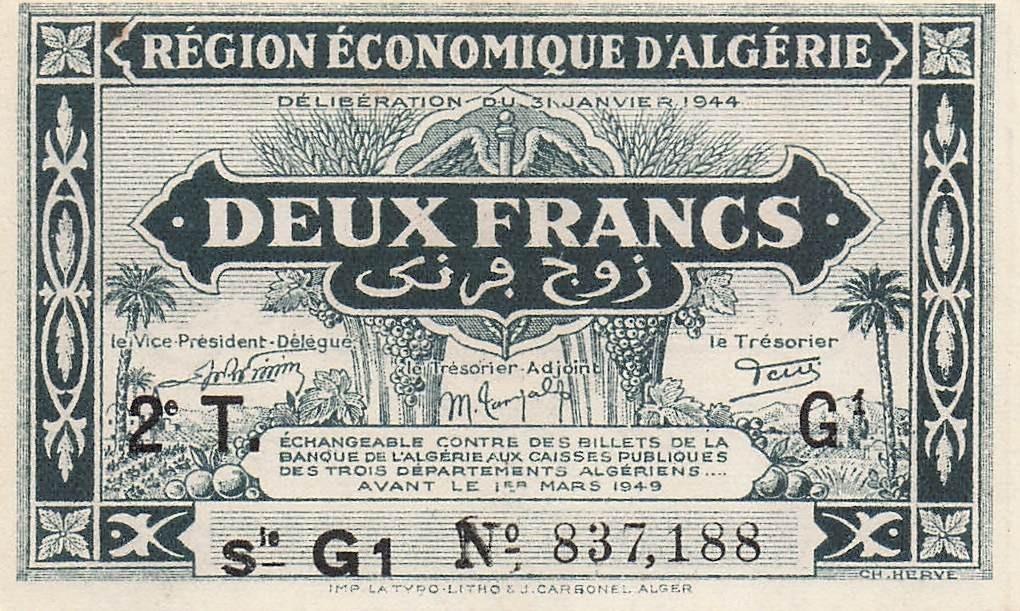 Algeria  2  Francs  1.1.1944  P 138  Series  G 1  Uncirculated Banknote J sp