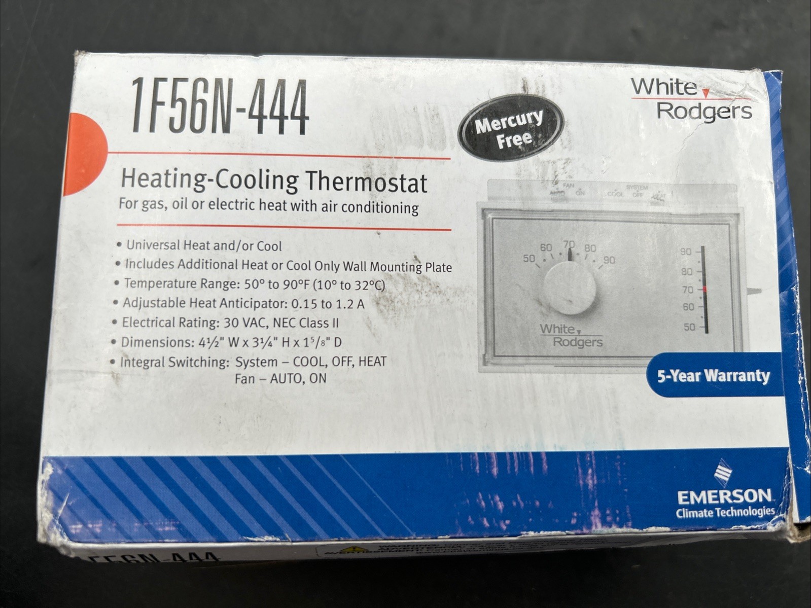 Emerson 1F56n-444 Standard Mechanical Thermostats, 1 H 1 C, Hardwired, 24Vac