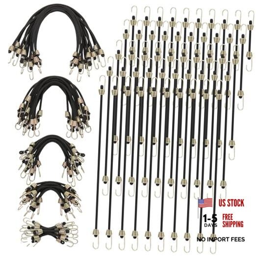 50 Pcs Mini Bungee Cords with Hooks Small Bungee Cords 2/4/6/8/10 Inch Black