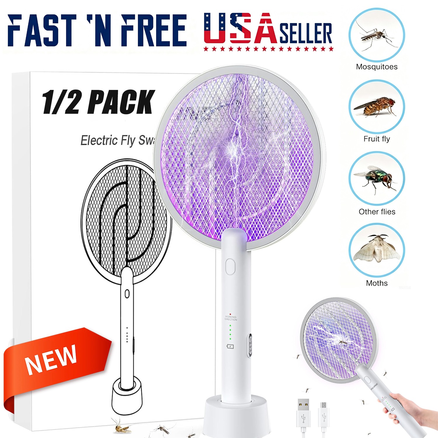 1/2PCS Electric Fly Swatter Bug Zapper Zap Mosquito Killer Pest Insect Racket,h