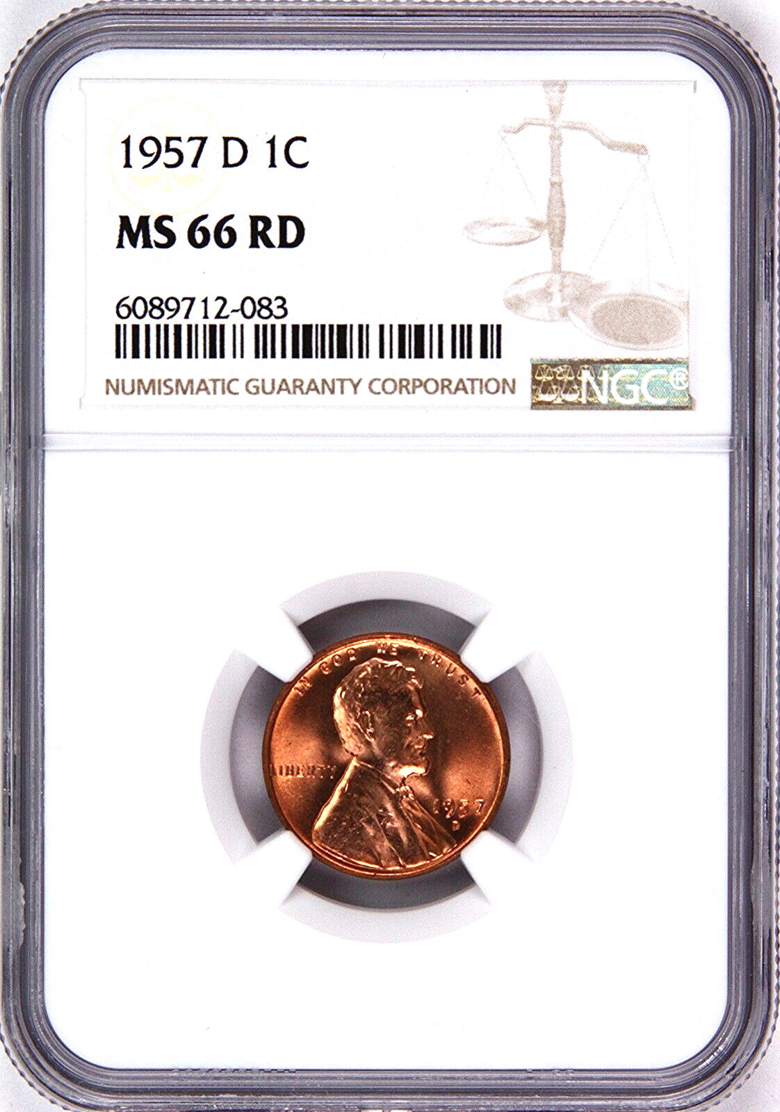 1957-D Lincoln Wheat Cent, Graded MS 66 RD  by NGC