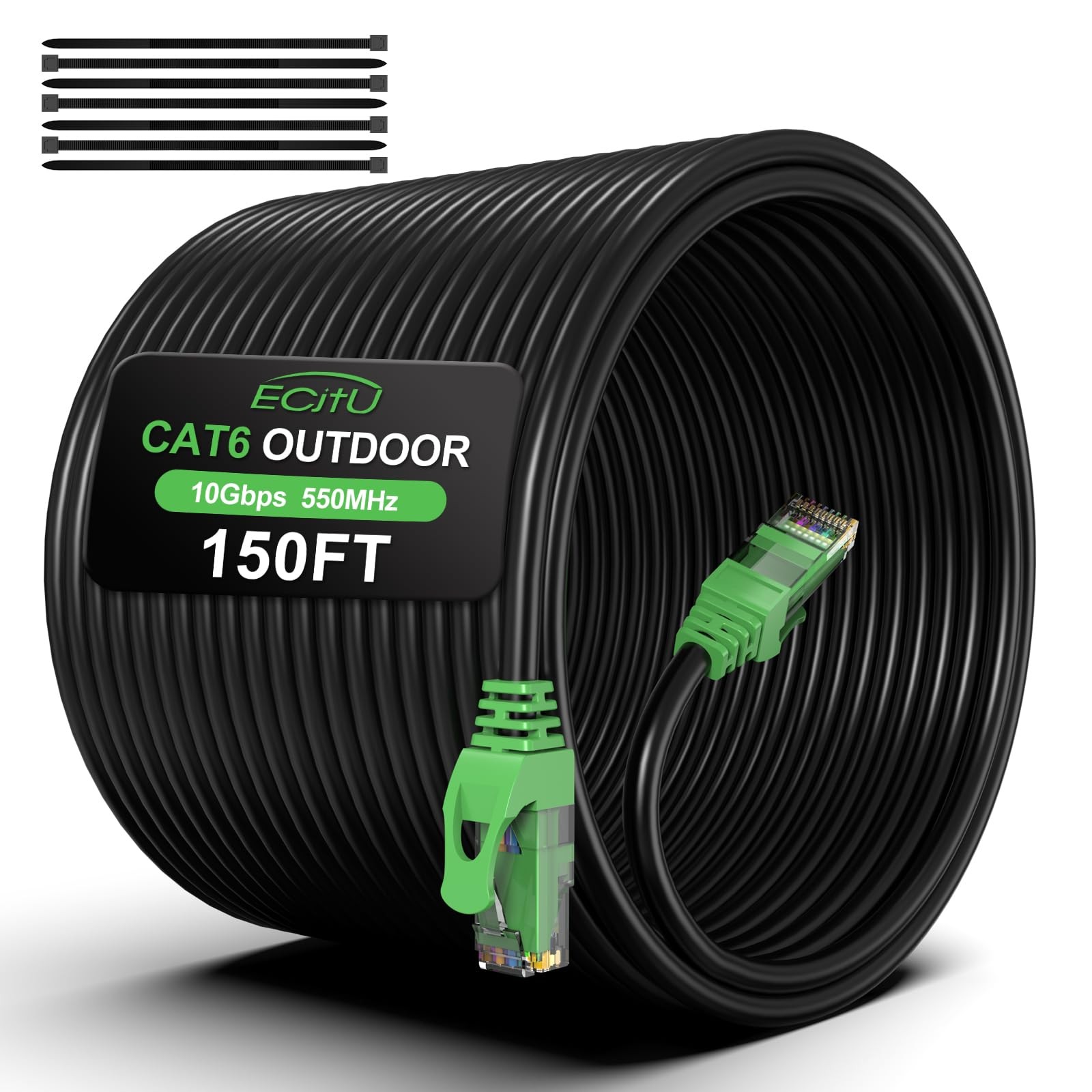150FT Cat6 Outdoor Ethernet Cable, In-Ground, Heavy 150 Feet, Black-Green